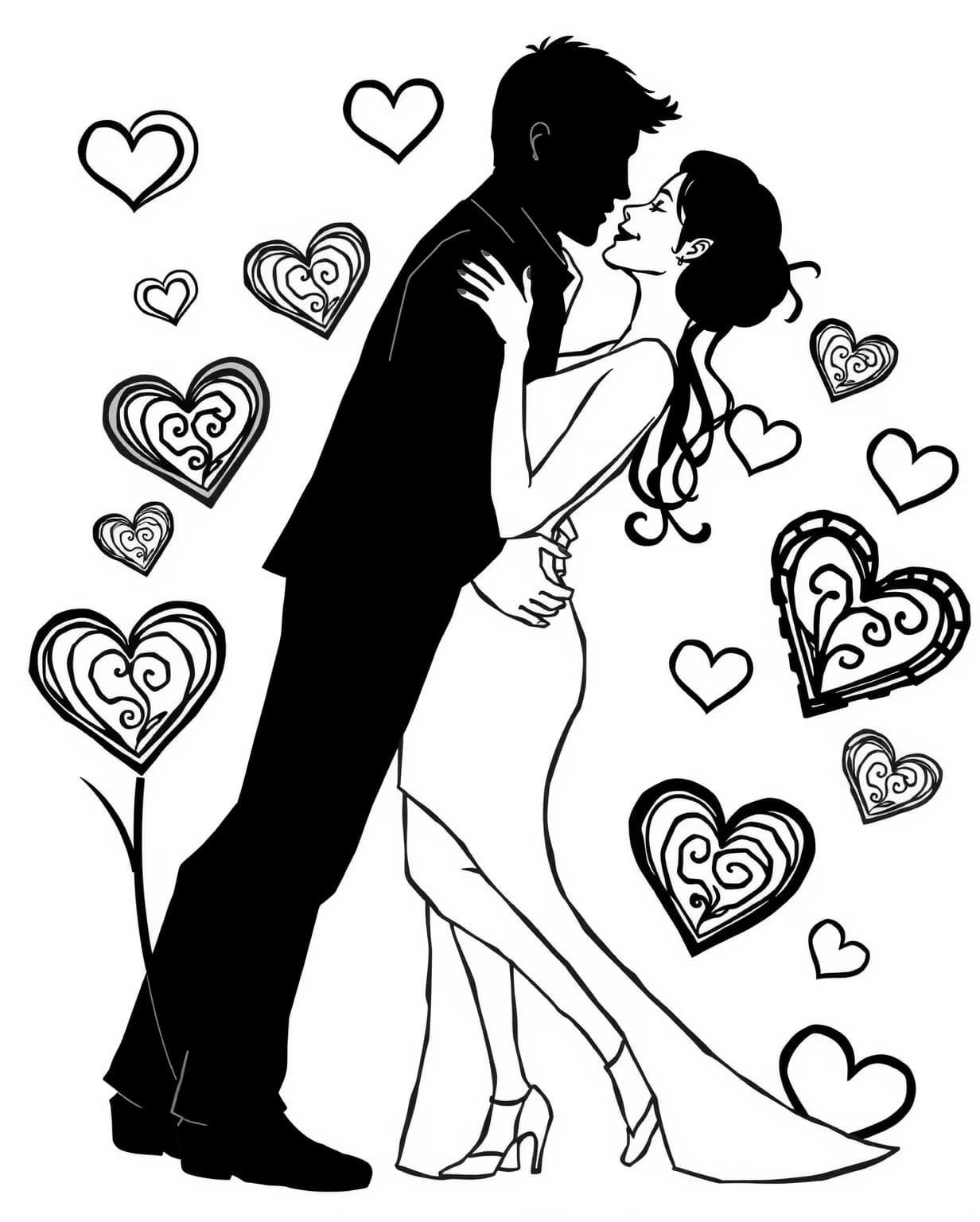 Couple Silhouette With Hearts Coloring Page