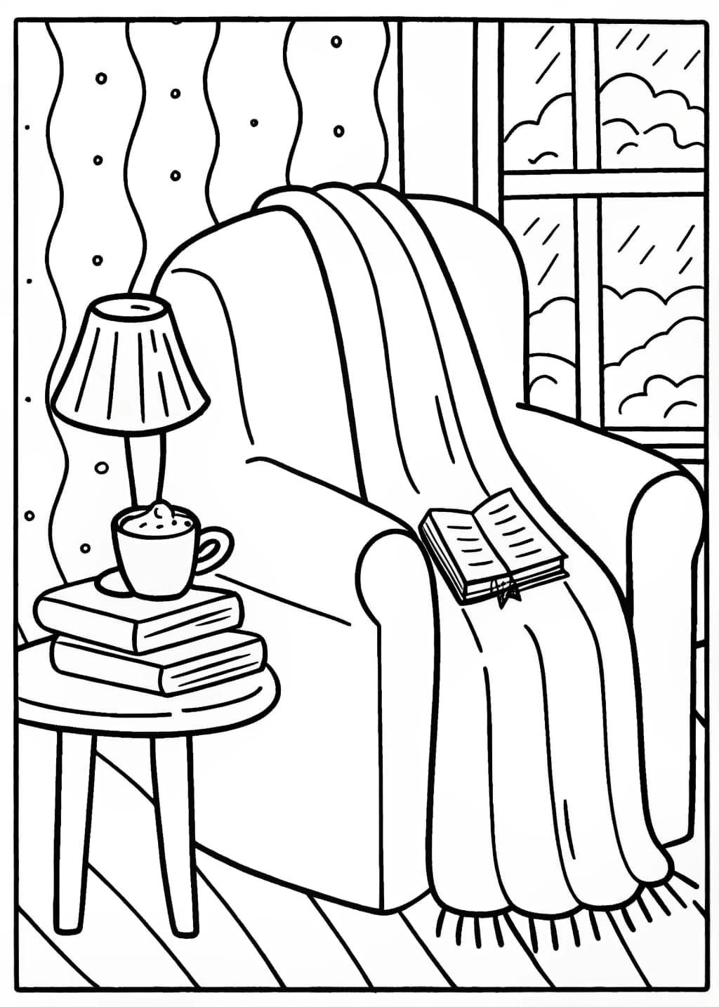 Cozy Reading Chair With Blanket Coloring Page