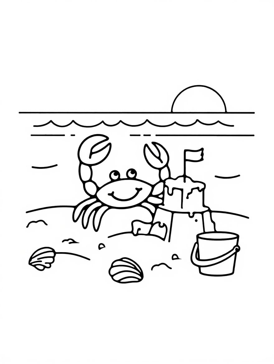 Crab Building a Sandcastle at the Beach Coloring Page