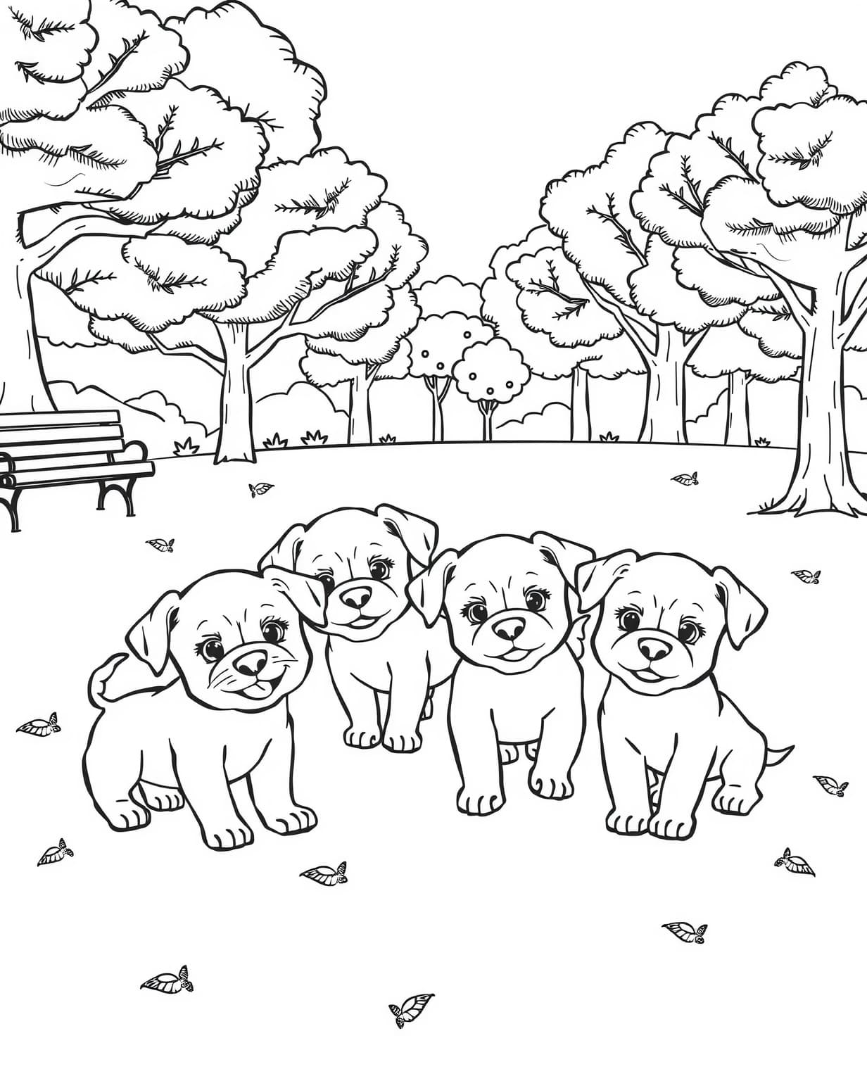 Cute Puppies in the Park Coloring Page