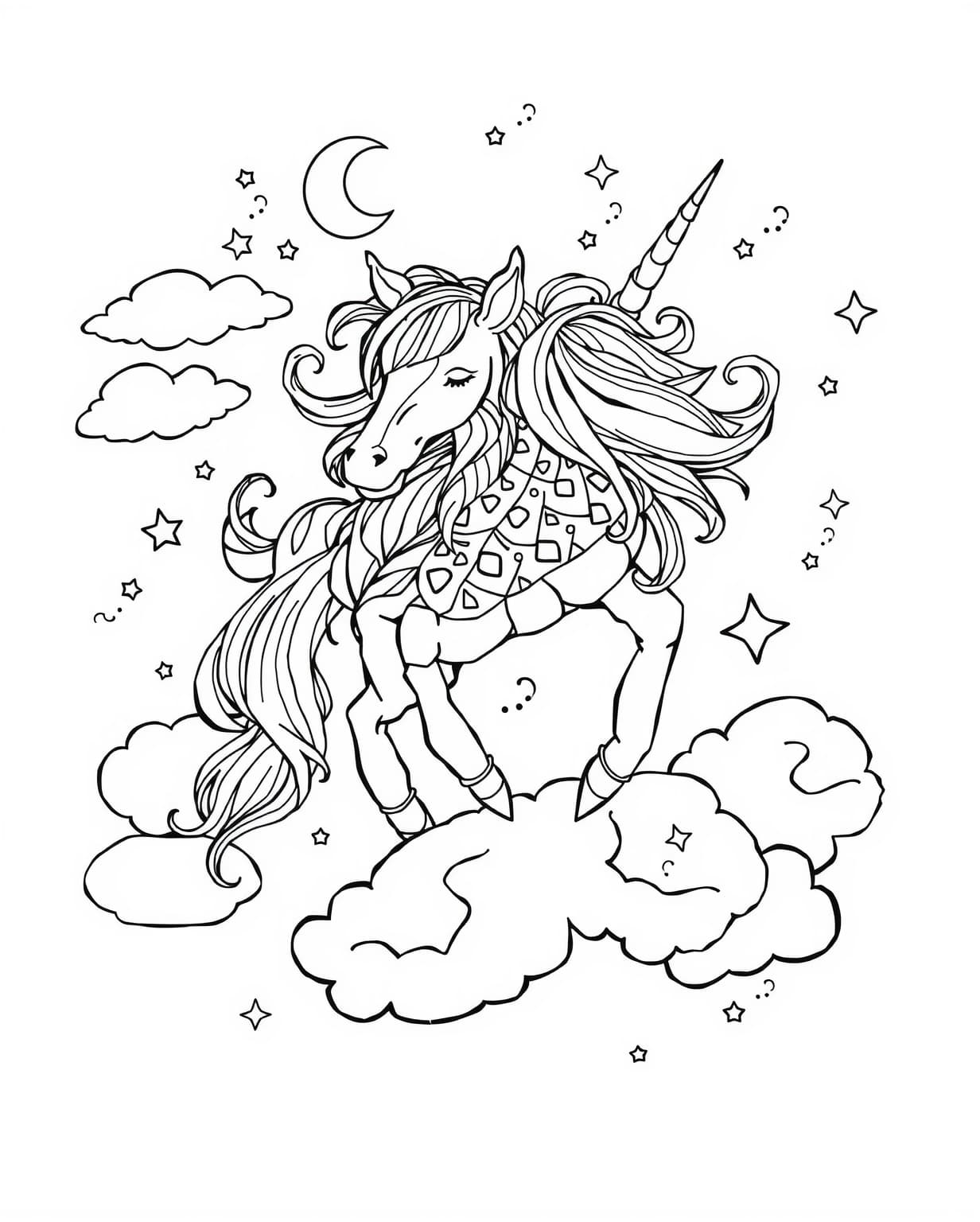Detailed Unicorn Floating In The Sky Coloring Page