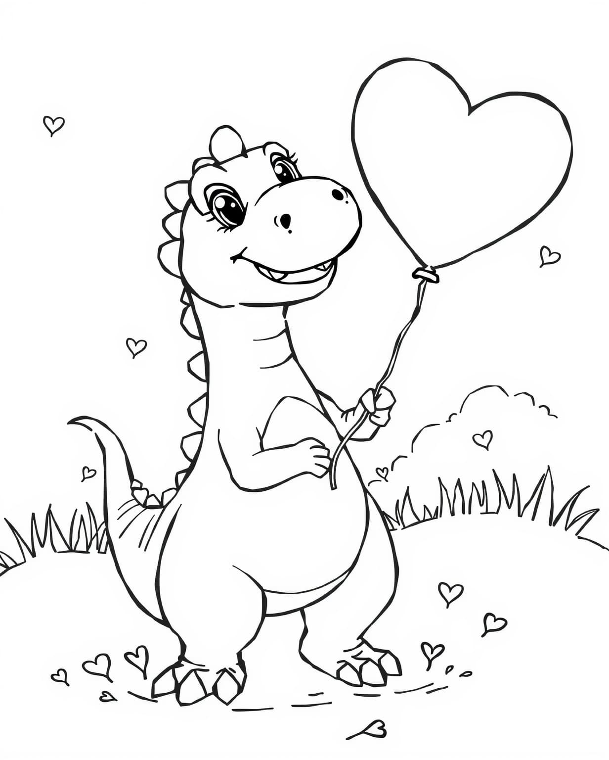 Dinosaur With Heart Balloon Coloring Page