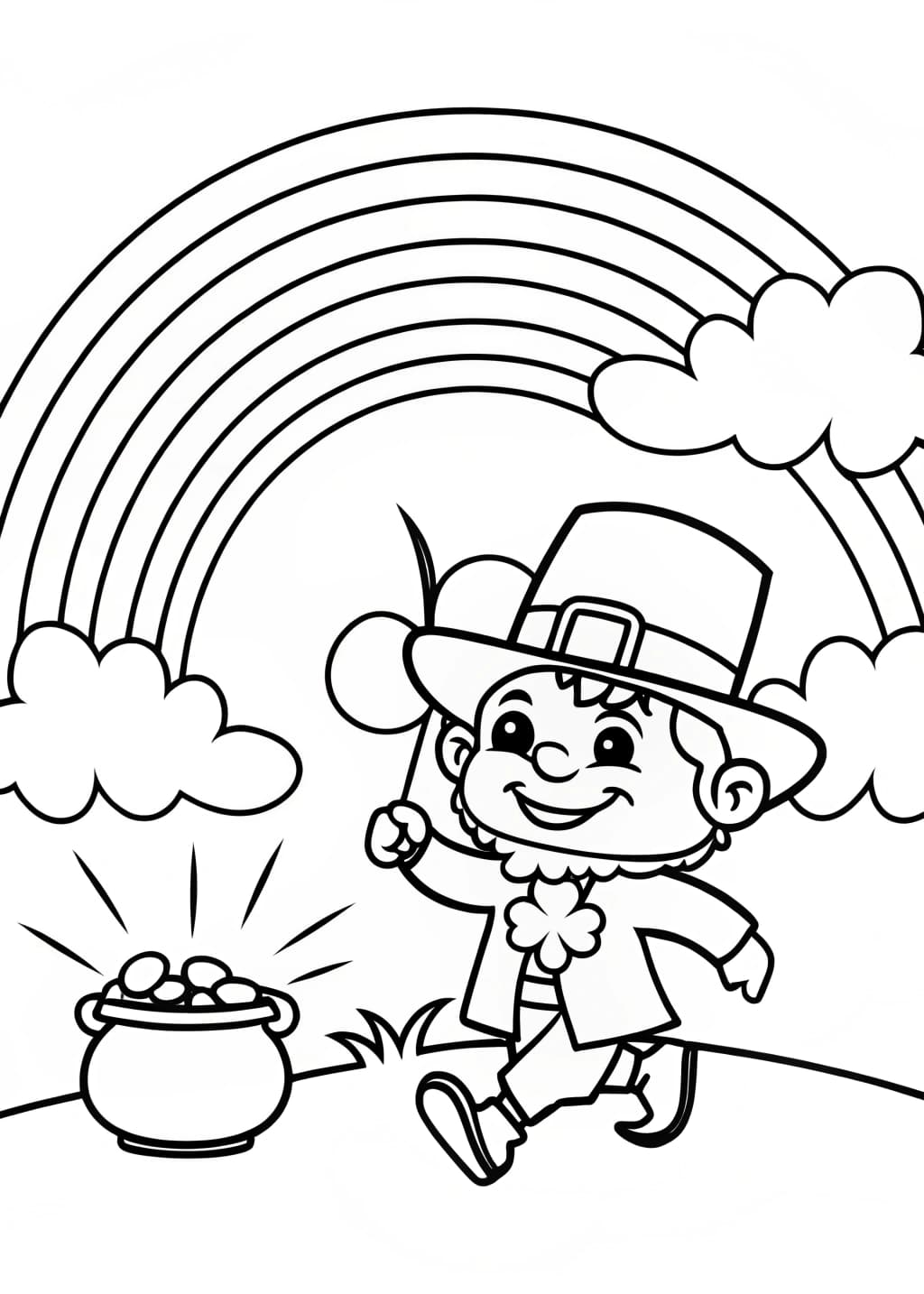 Easy Leprechaun Running With A Rainbow Behind Coloring Page