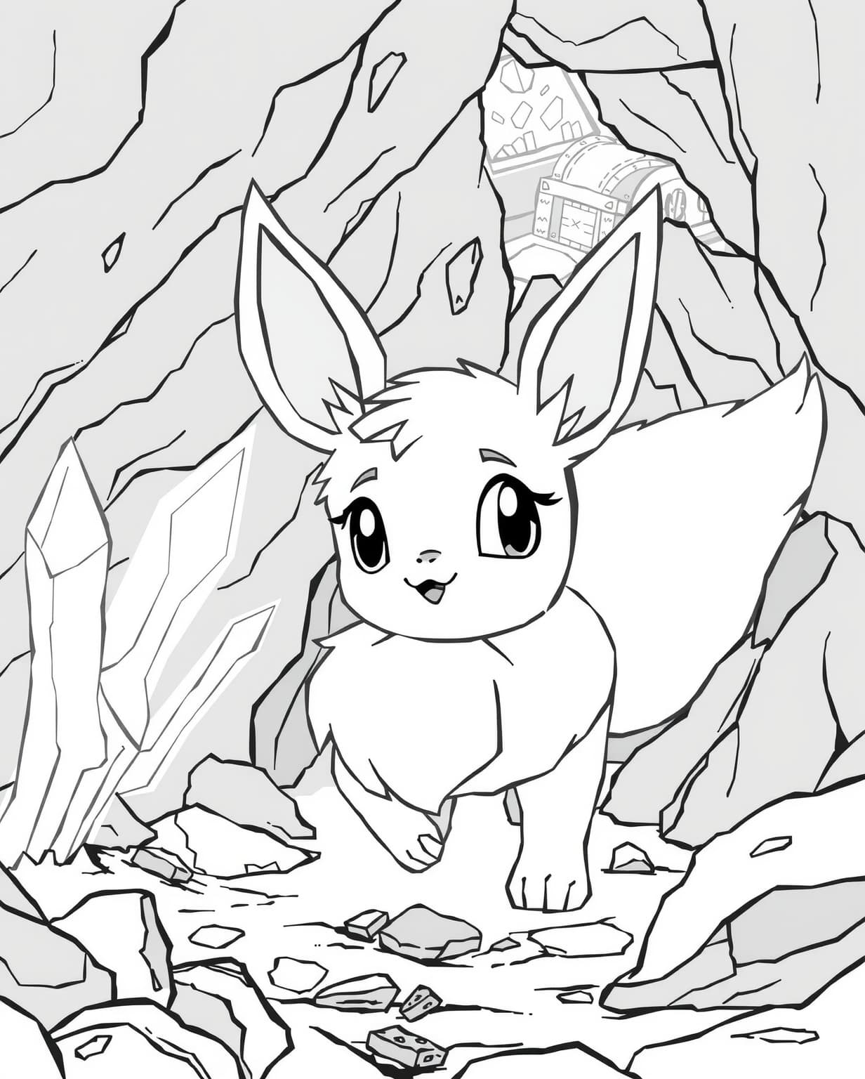 Eevee Exploring a Mysterious Cave Coloring Page