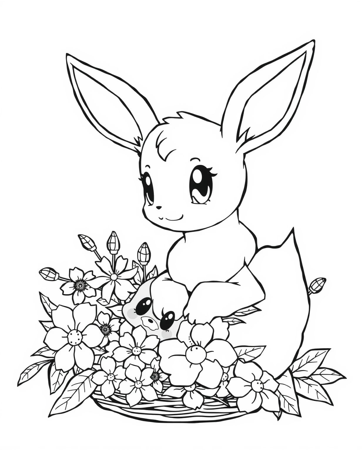 Eevee with a Basket of Flowers Coloring Page