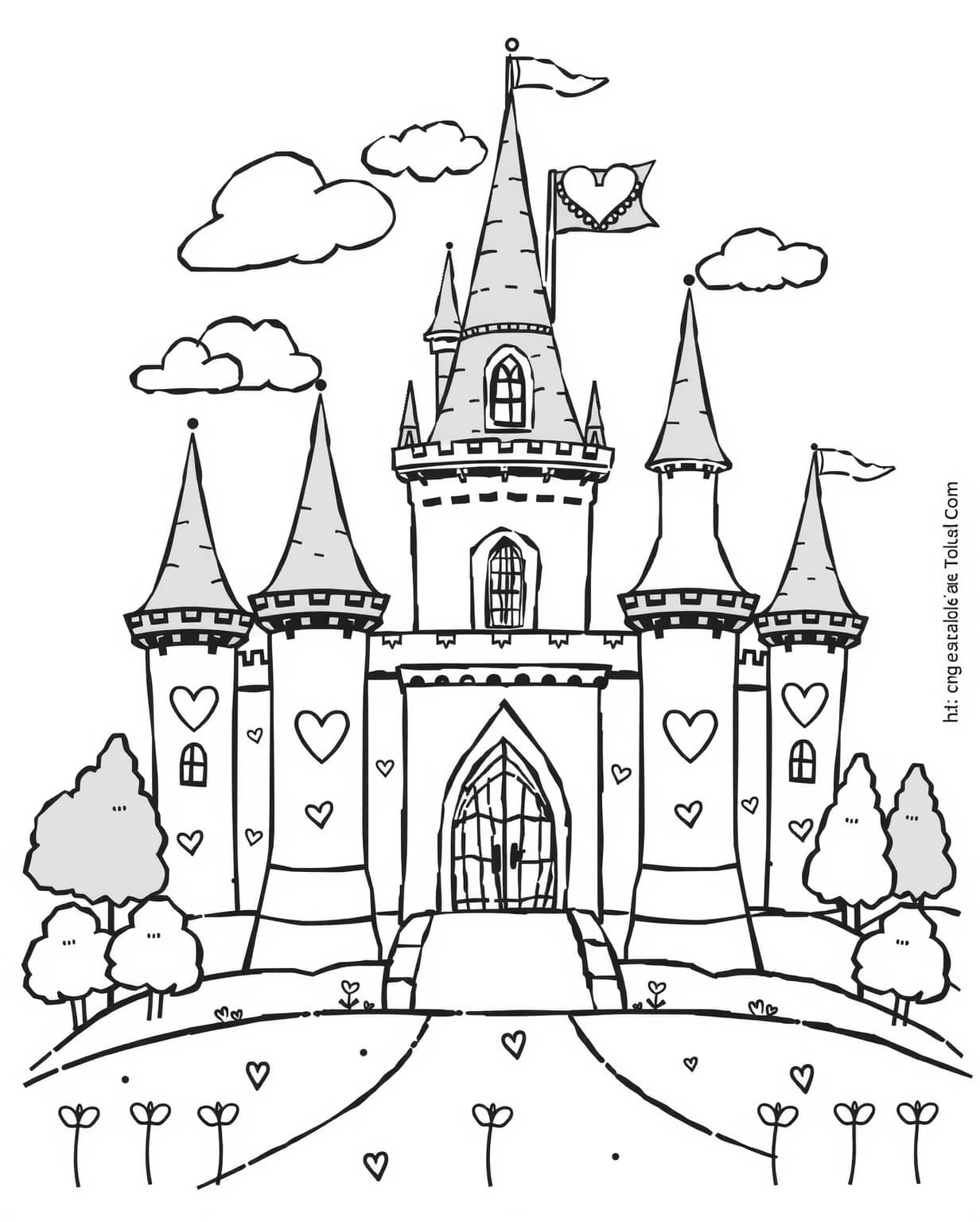 Fairy Tale Castle With Heart Accents Coloring Page