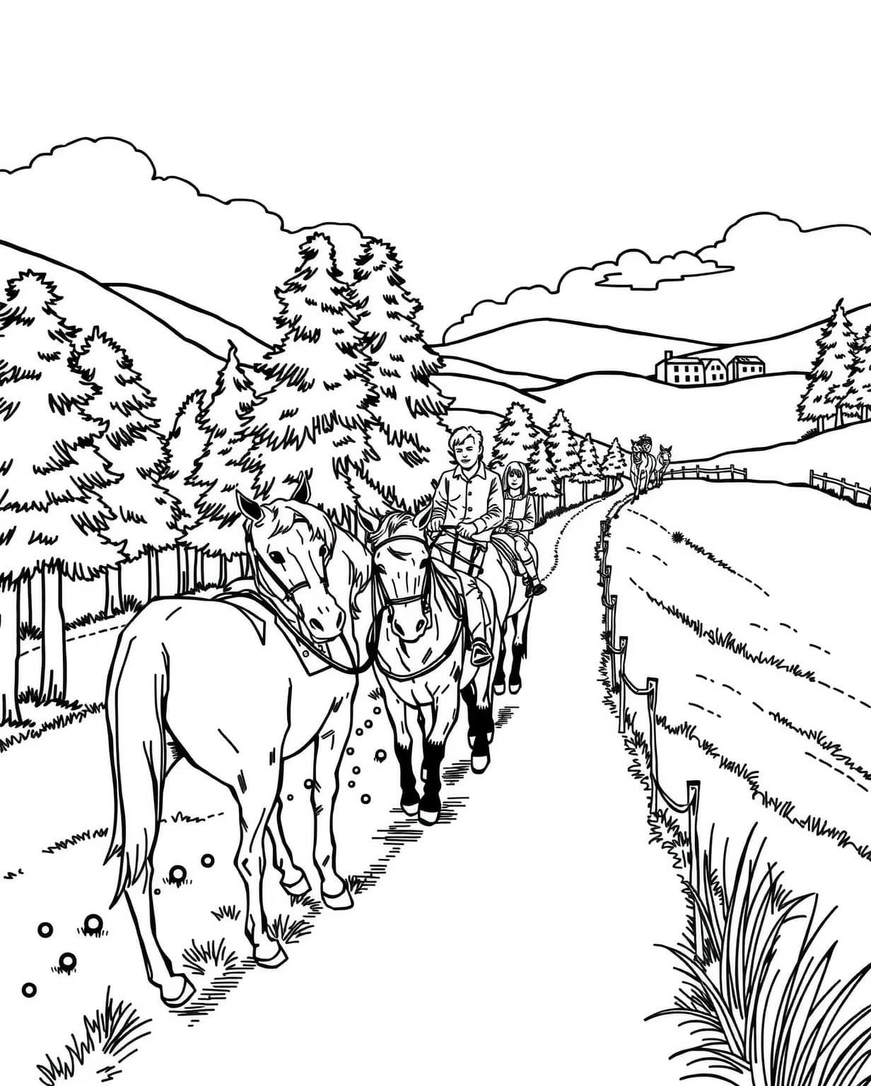 Family Riding Horses On A Trail Coloring Page