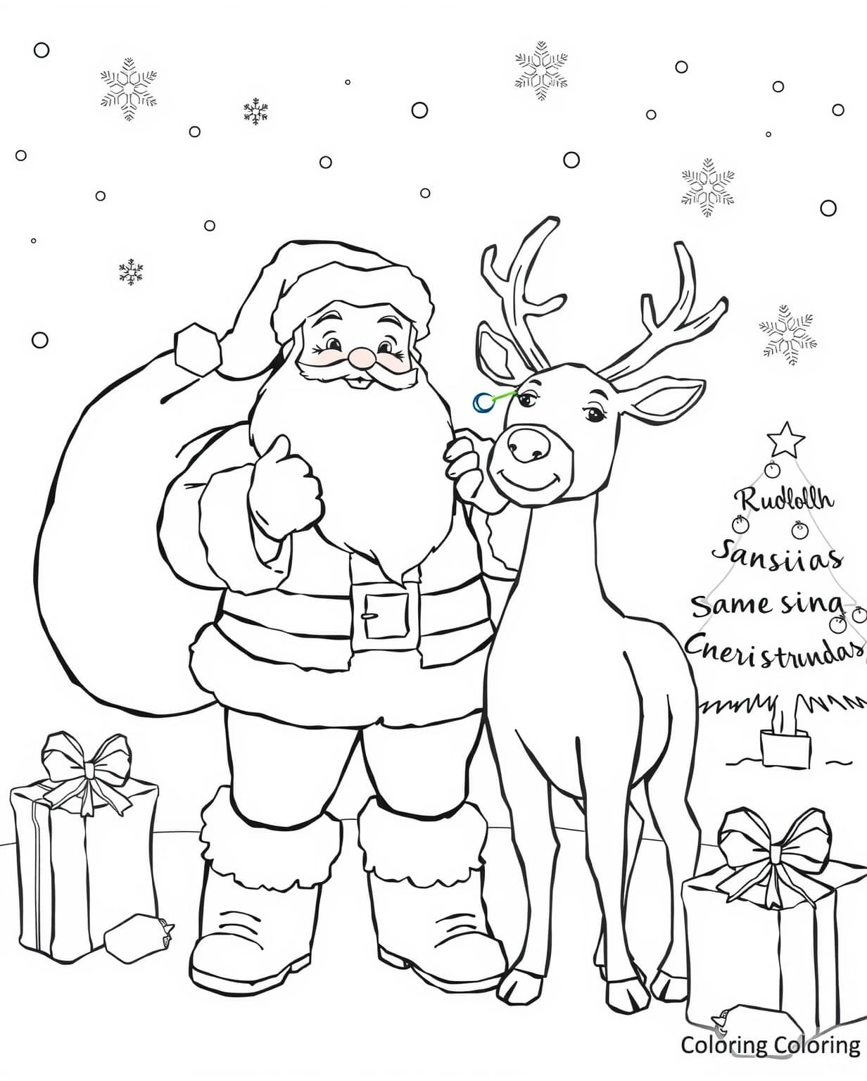 Festive Santa and Rudolph Coloring Page
