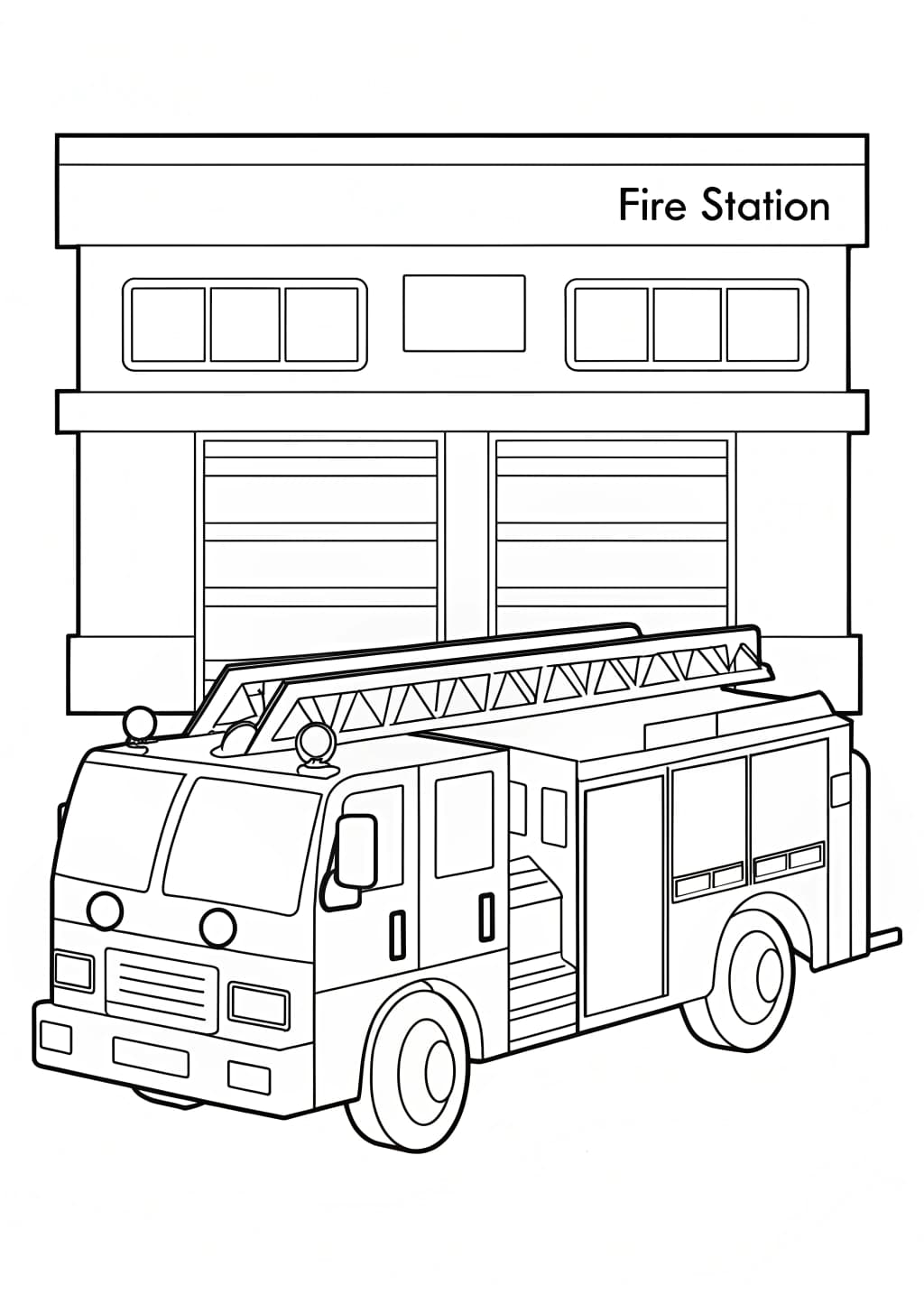 Fire Truck In Front Of A Fire Station Coloring Page