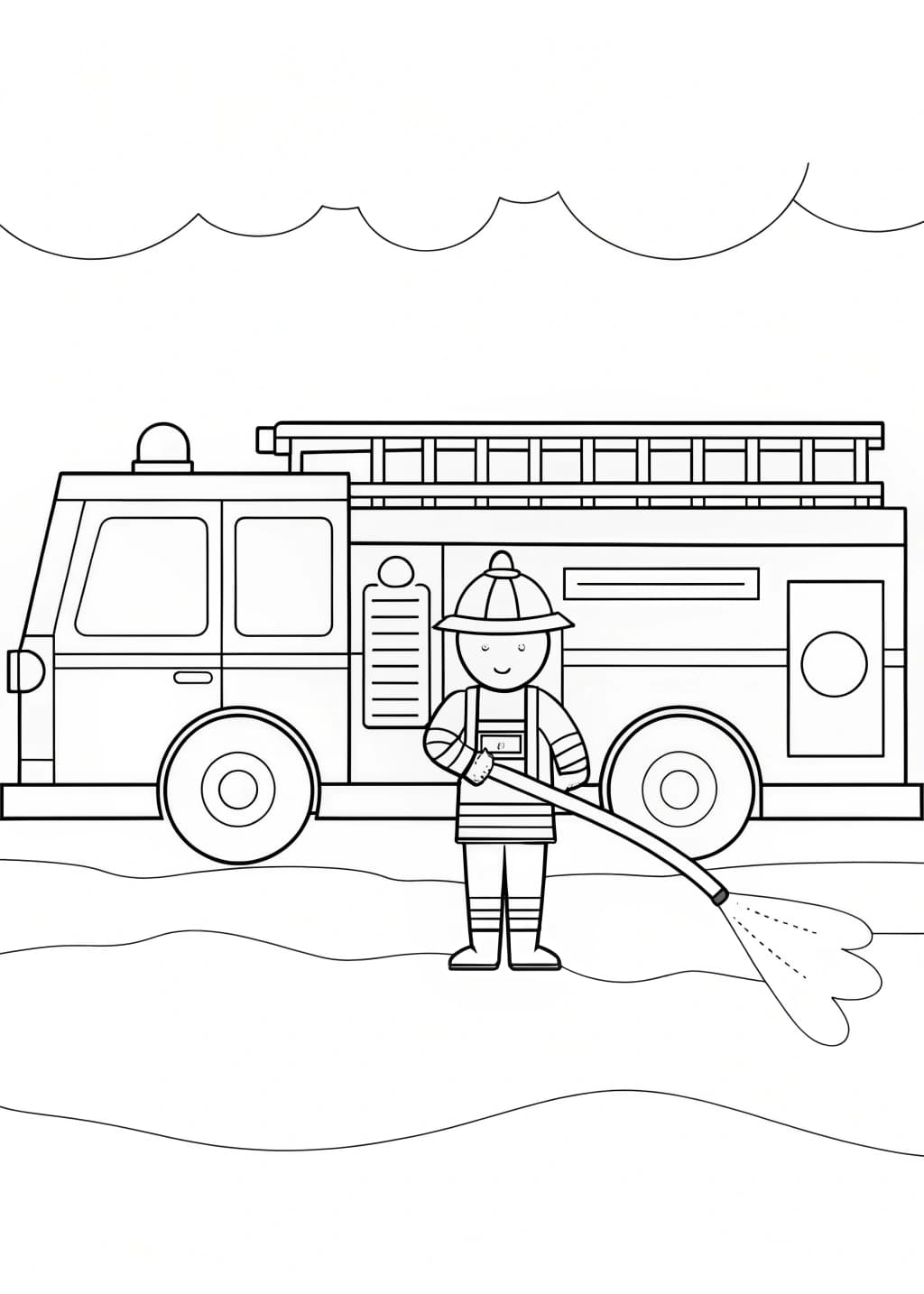 Firefighter Spraying Hose from Fire Engine Coloring Page