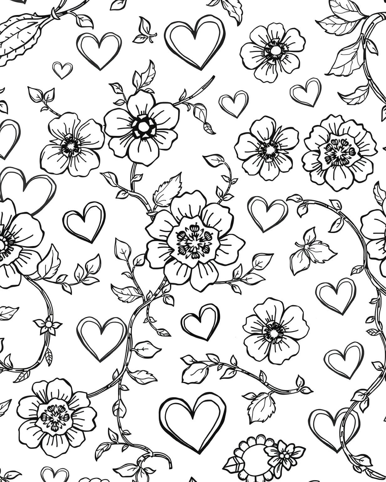 Floral And Heart Pattern Coloring Page