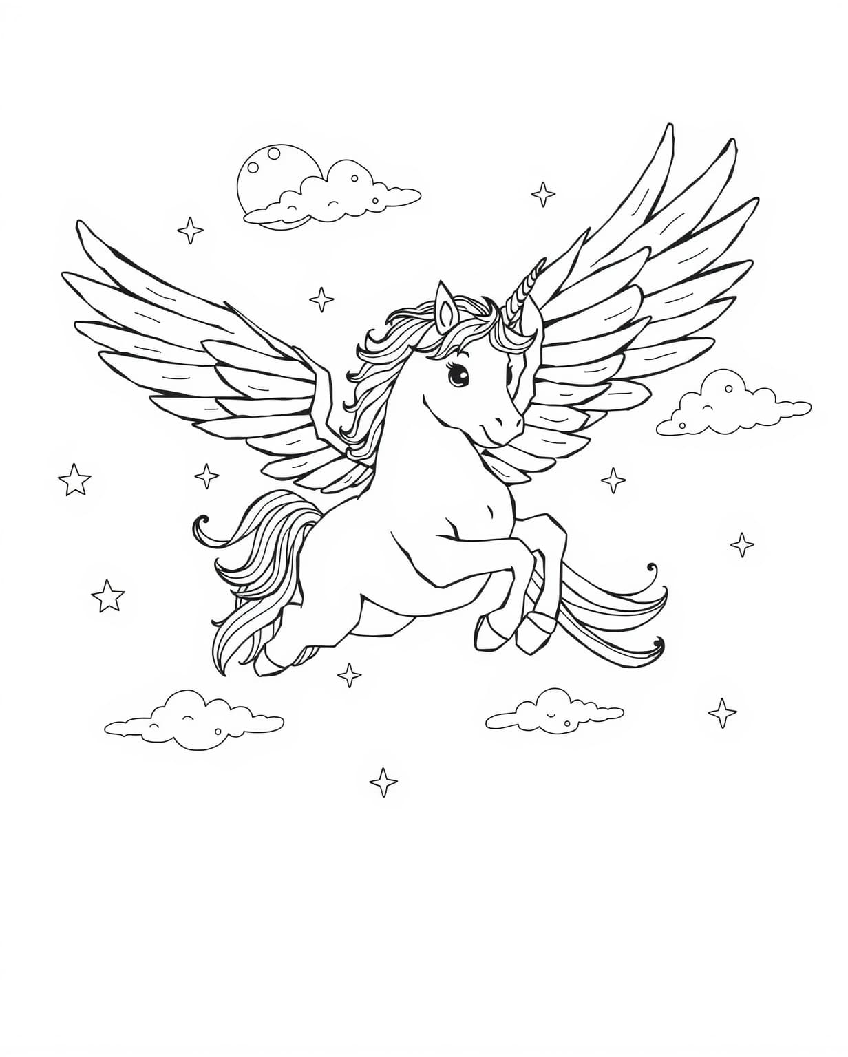 Flying Magical Winged Unicorn Coloring Sheet
