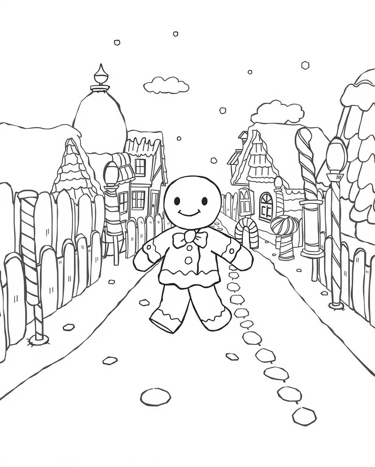 Gingerbread Man in a Candy Village Coloring Page