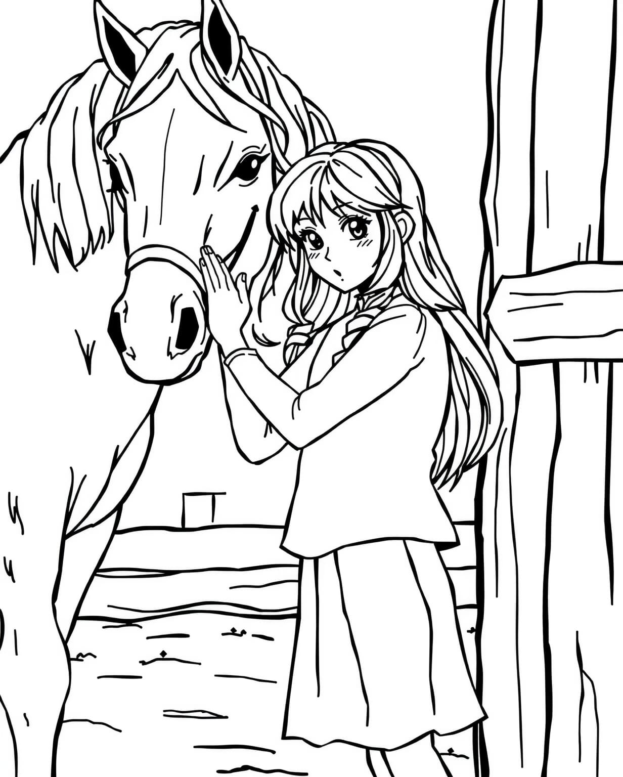 Girl Tending To Her Horse Coloring Page
