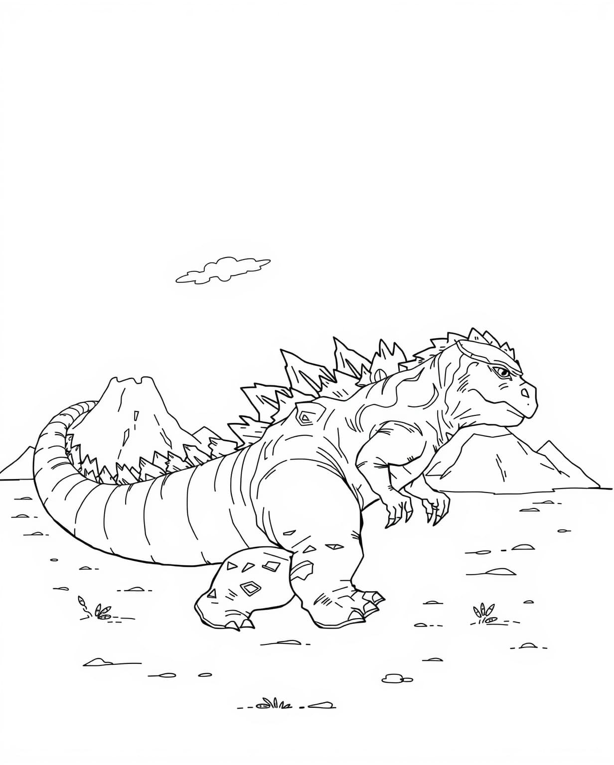 Godzilla Strolling by a Volcanic Island Coloring Page