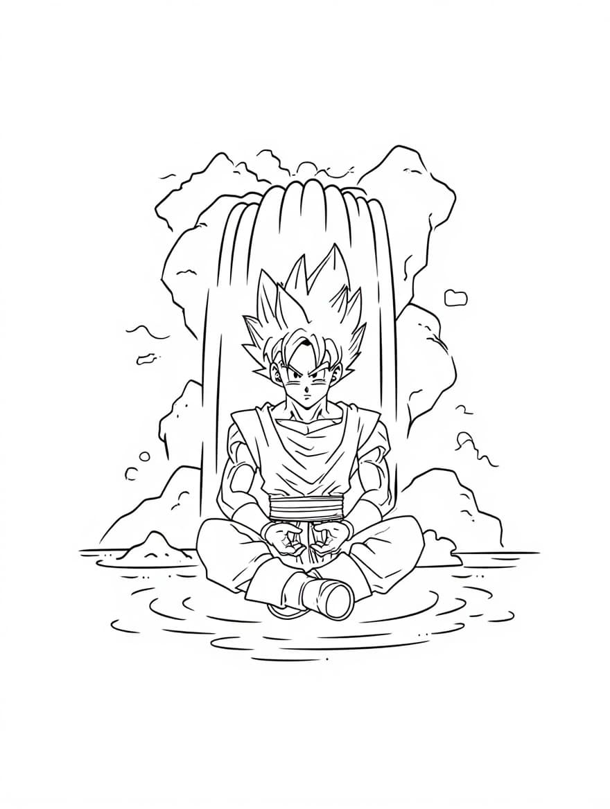 Goku Reflecting By Waterfall Coloring Sheet