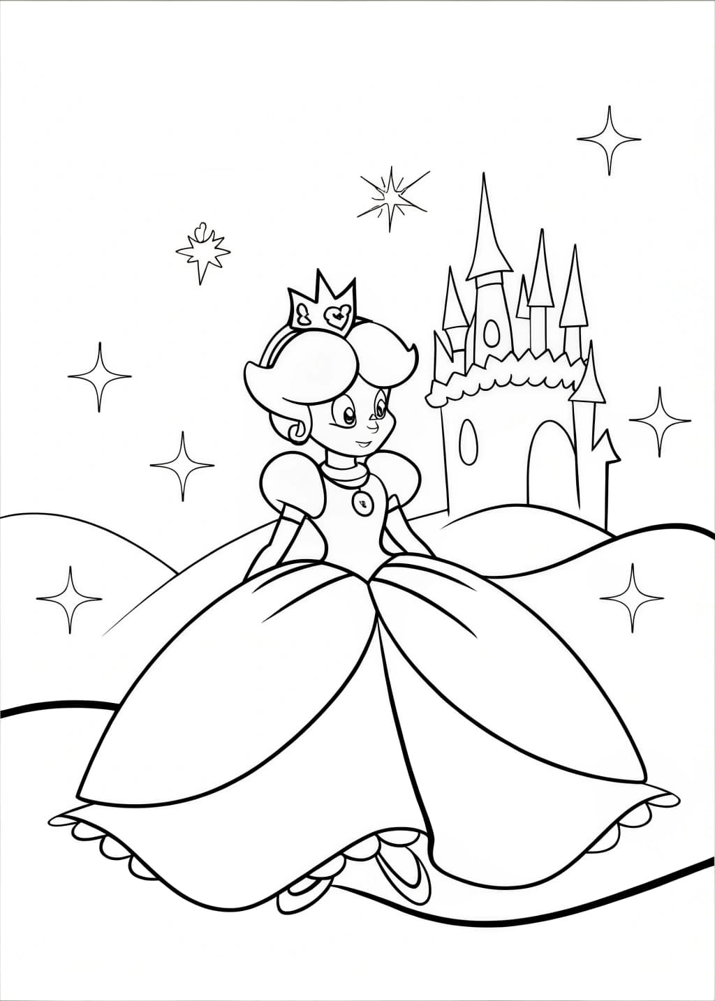 Graceful Princess in Front of a Sparkling Castle Coloring Page