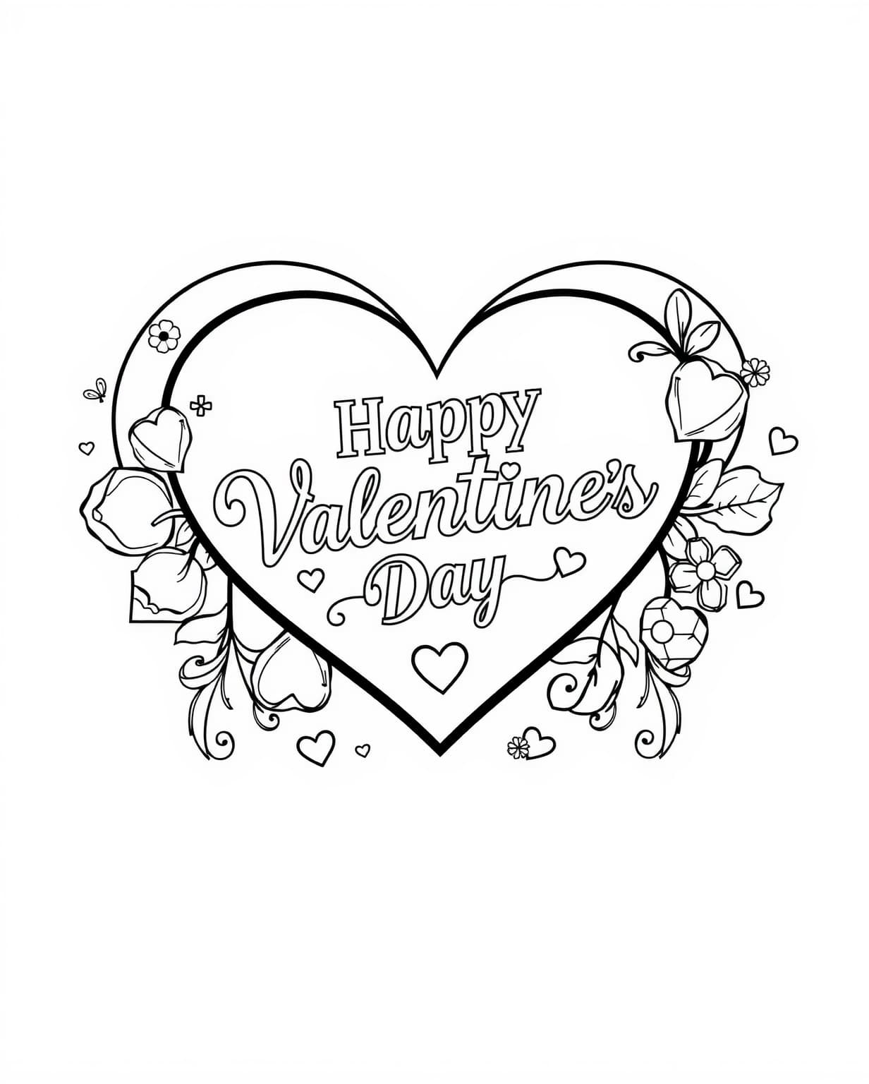 Happy Valentine’s Day Greetings Inside A Love Heart Coloring Page