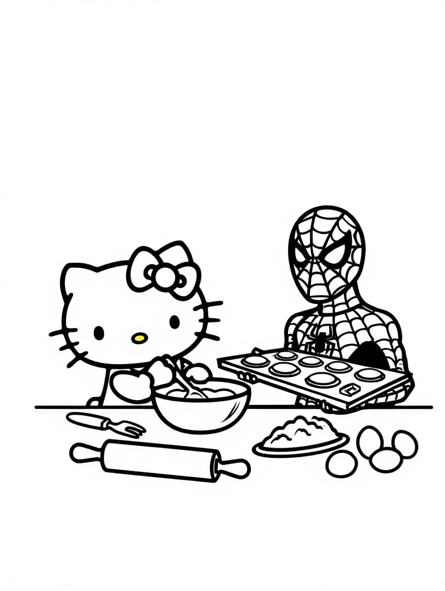 Hello Kitty and Spiderman Baking Together Coloring Page
