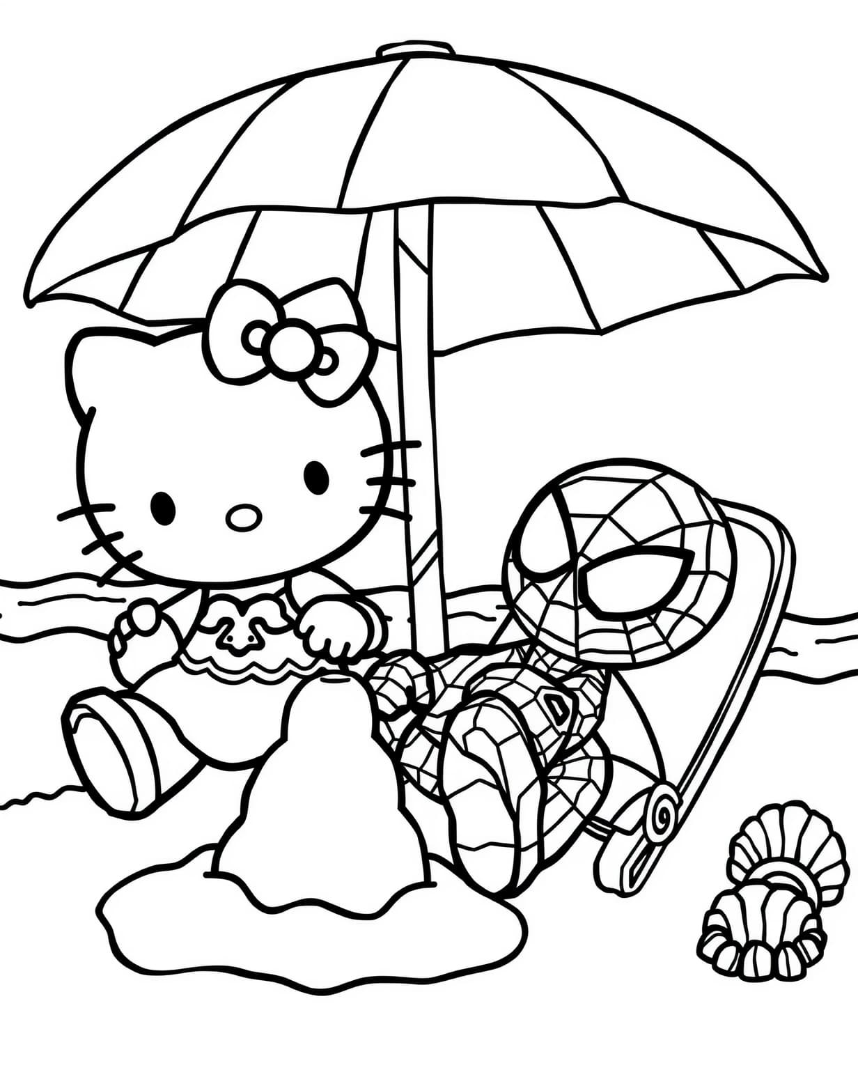 Hello Kitty and Spiderman Beach Day Coloring Page