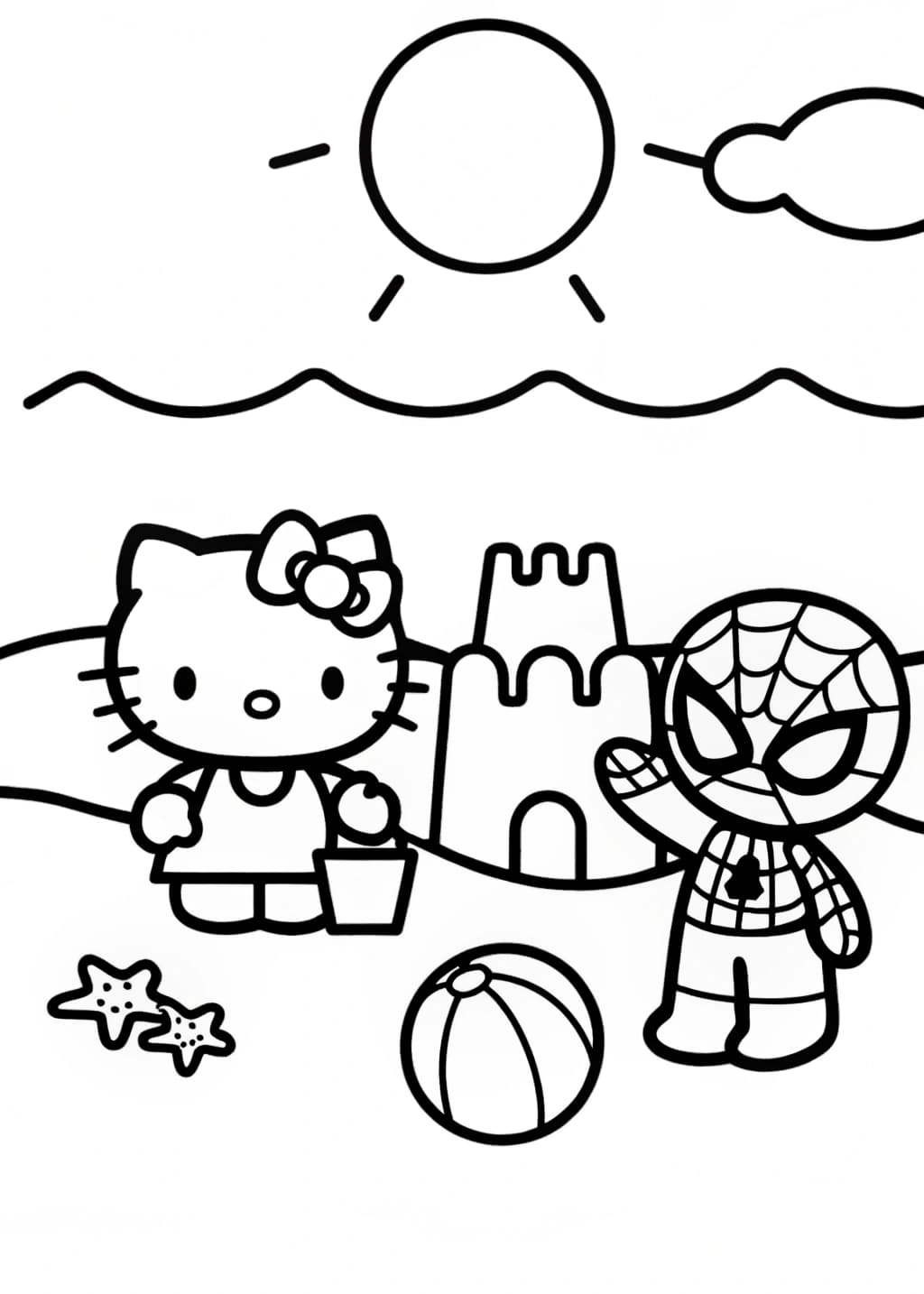 Hello Kitty and Spiderman Building a Sandcastle Coloring Page