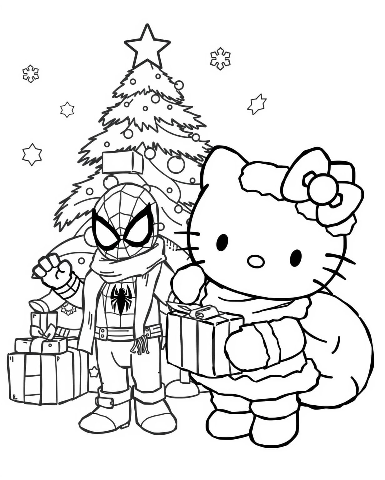 Hello Kitty And Spiderman Christmas Coloring Page