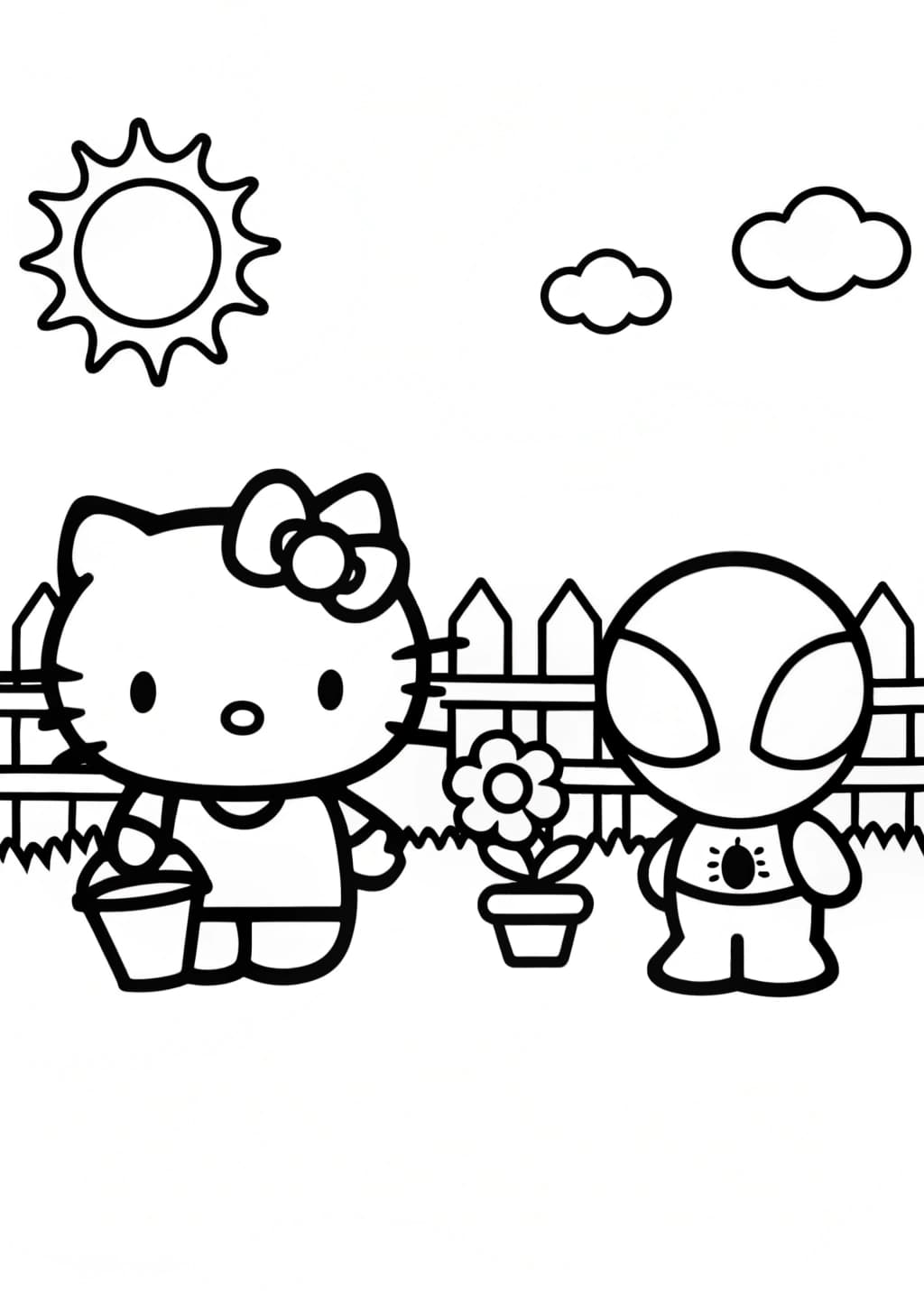 Hello Kitty and Spiderman Gardening Together Coloring Page
