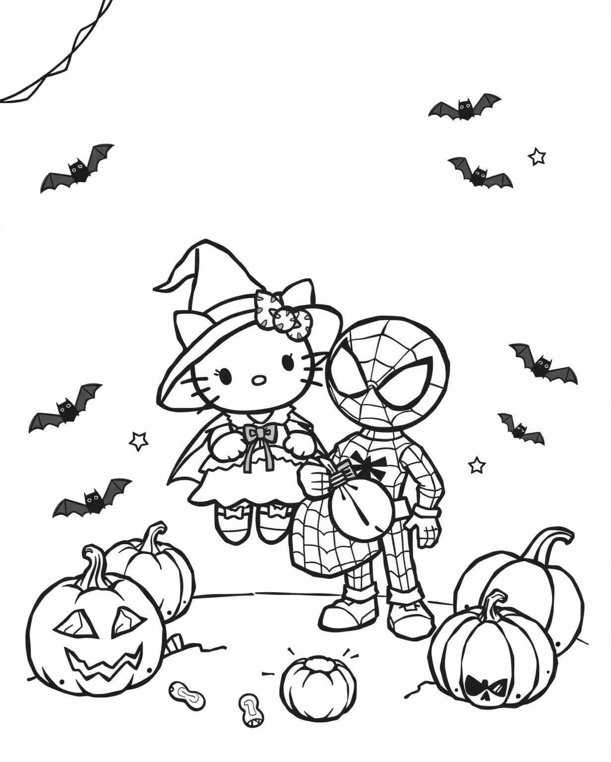 Hello Kitty and Spiderman Halloween Party Coloring Page
