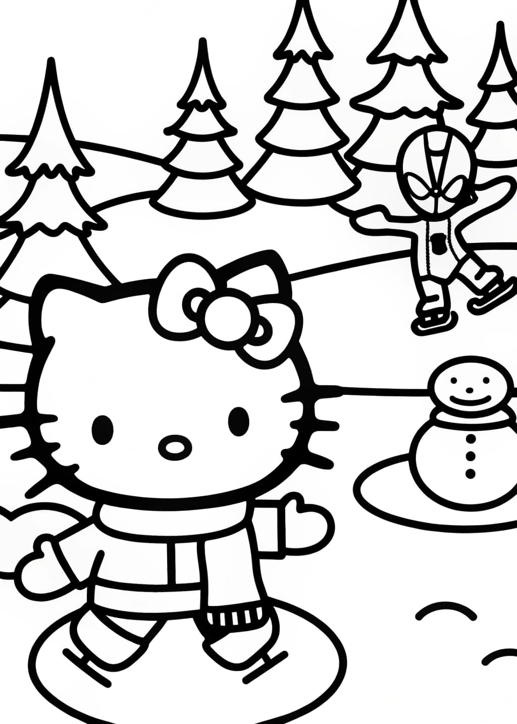 Hello Kitty and Spiderman Ice Skating Coloring Page
