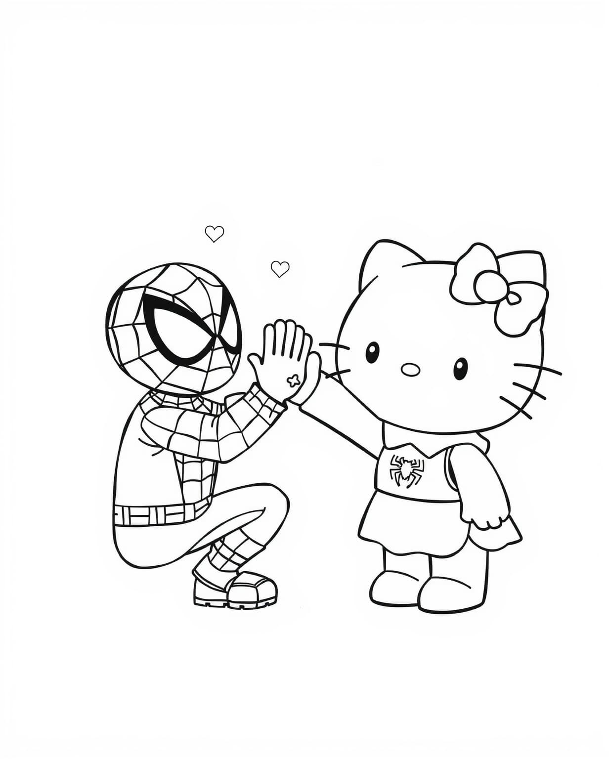 Hello Kitty and Spiderman in a Friendly High-Five Coloring Page