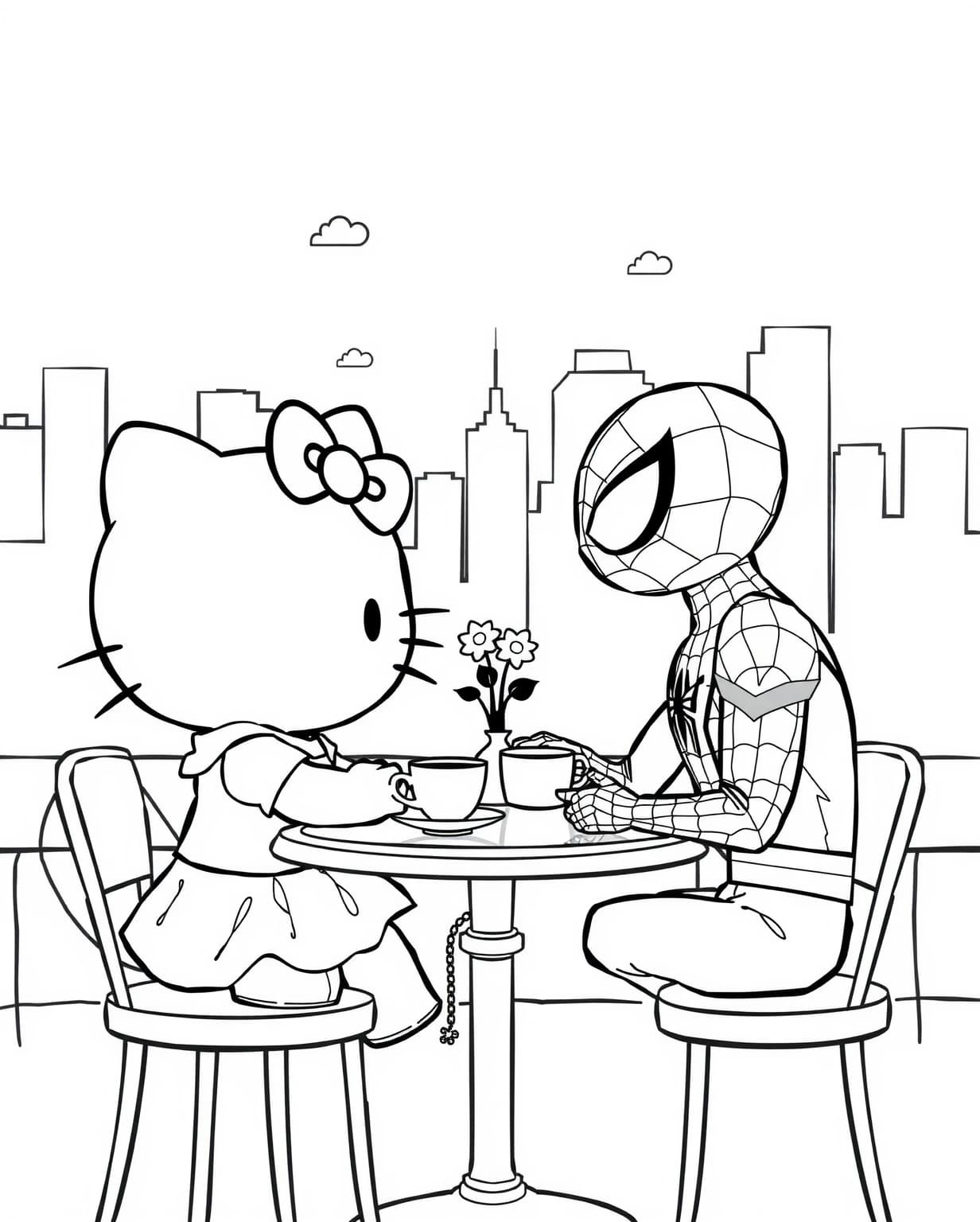 Hello Kitty And Spiderman On A Date Coloring Page