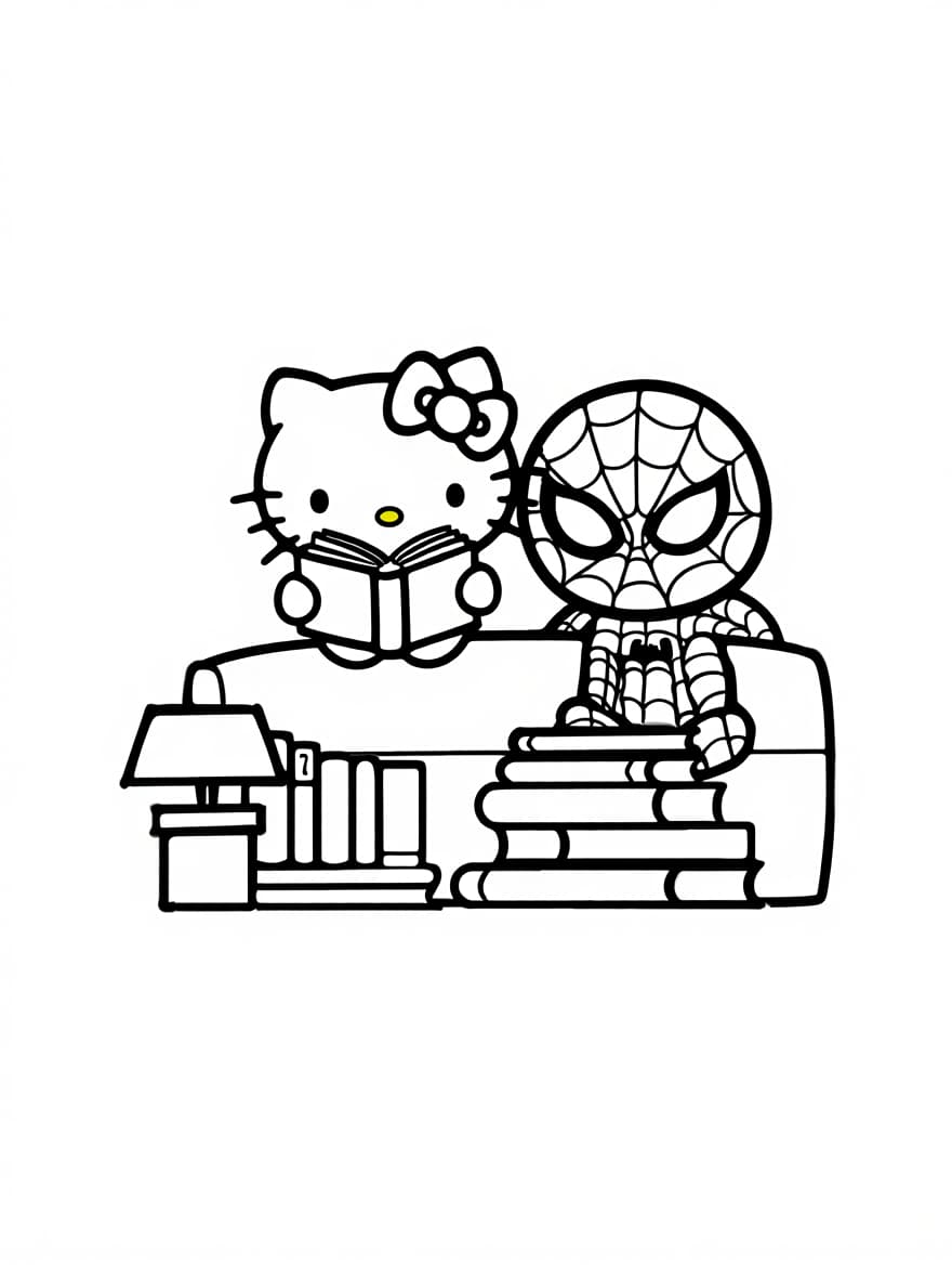 Hello Kitty and Spiderman Reading Books Coloring Page