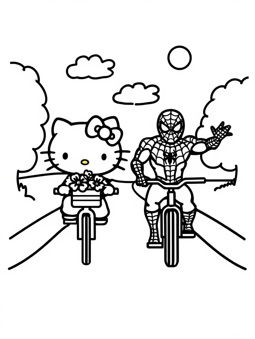 Hello Kitty and Spiderman Riding Bicycles Coloring Page