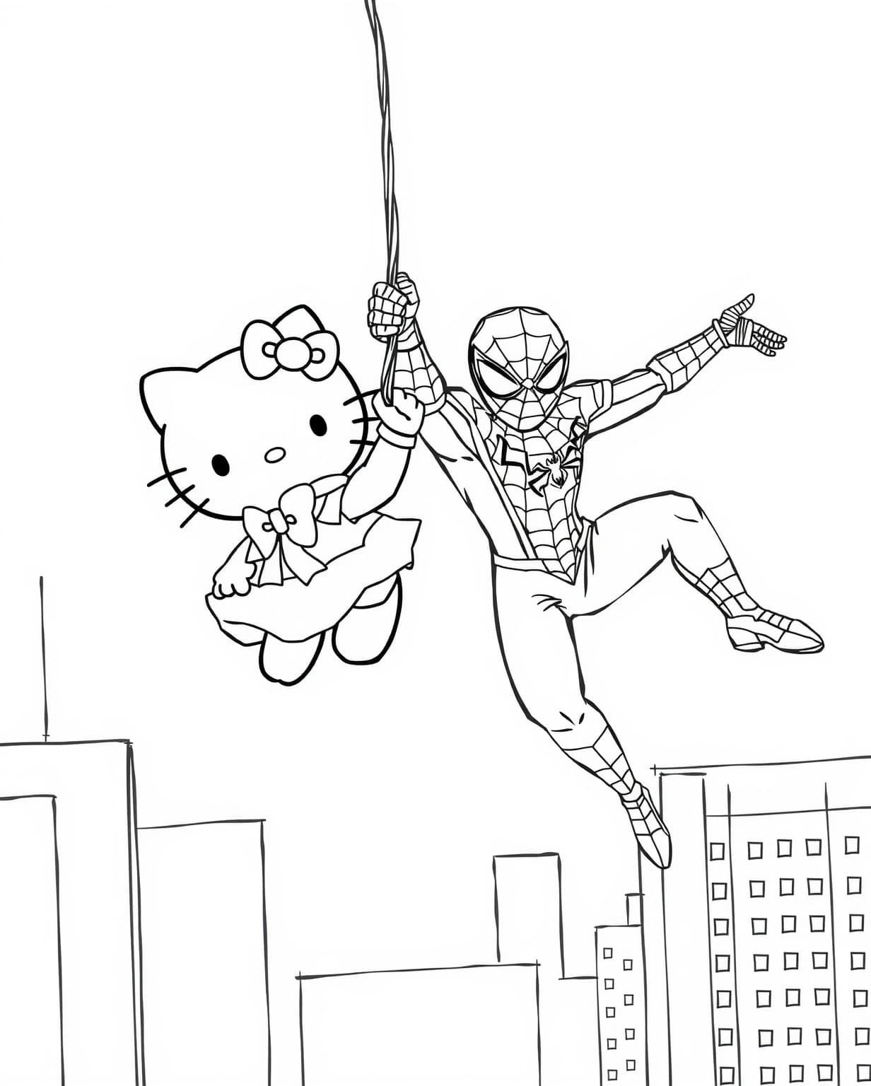 Hello Kitty and Spiderman Swinging on Webs Coloring Page