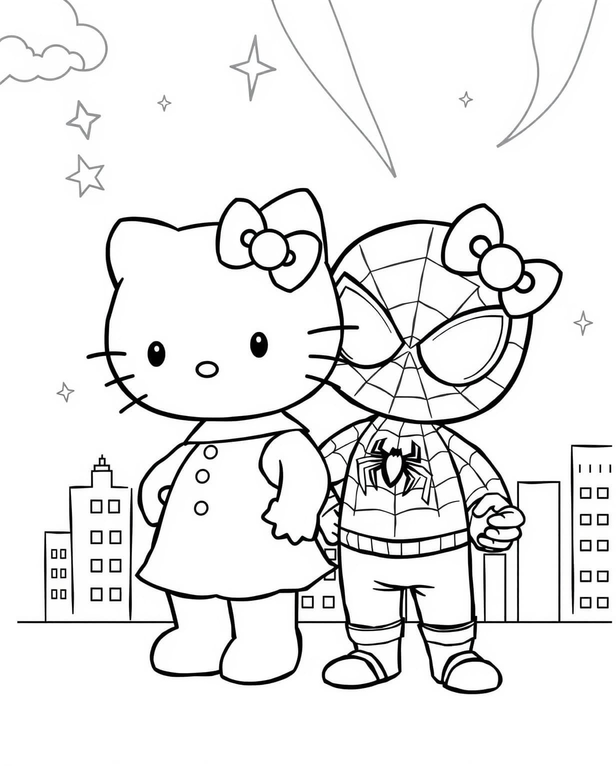 Hello Kitty And Spiderman Together Coloring Page