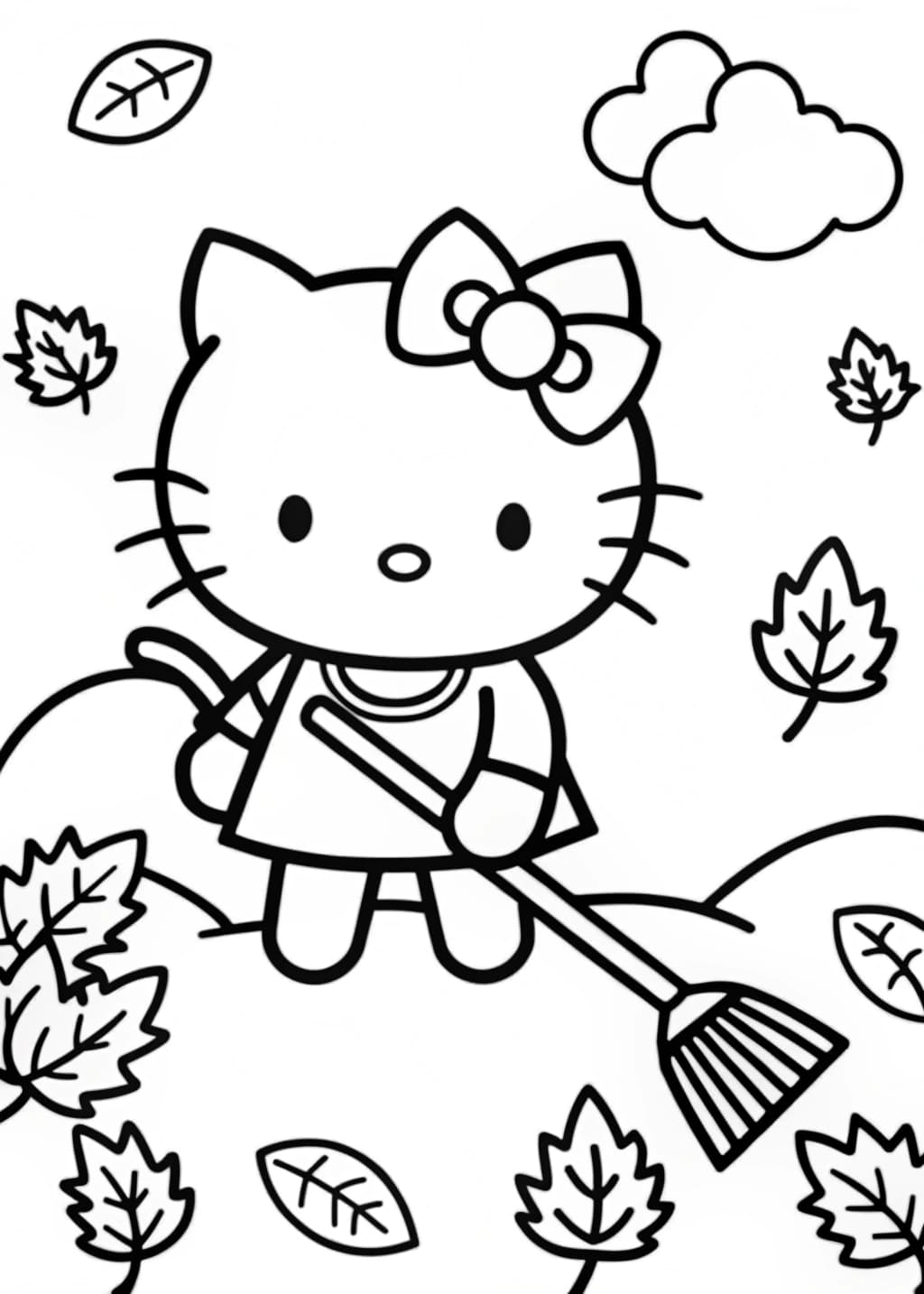Hello Kitty Building a Leaf Pile Coloring Page