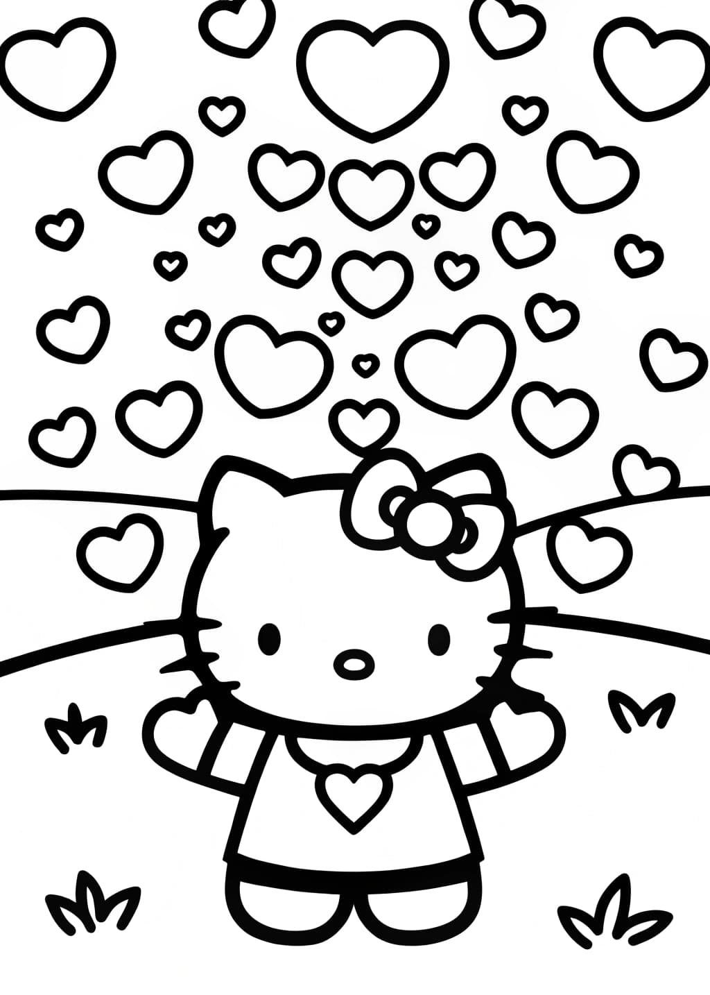 Hello Kitty Catching Heart-Shaped Confetti Coloring Page