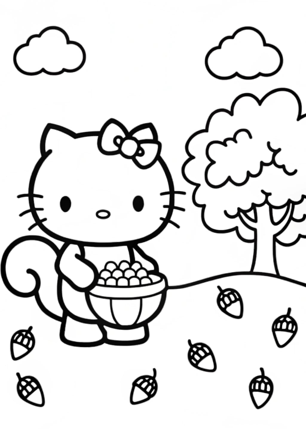 Hello Kitty Collecting Acorns Coloring Page