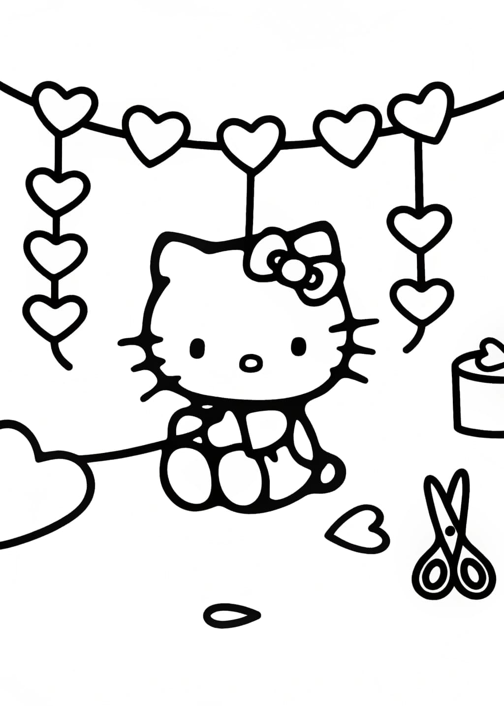 Hello Kitty Decorating a Heart Garland Coloring Page