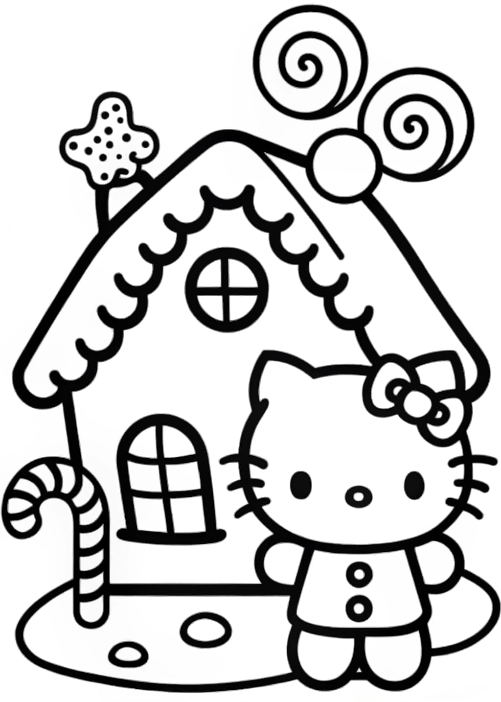 Hello Kitty Decorating Gingerbread House Coloring Page