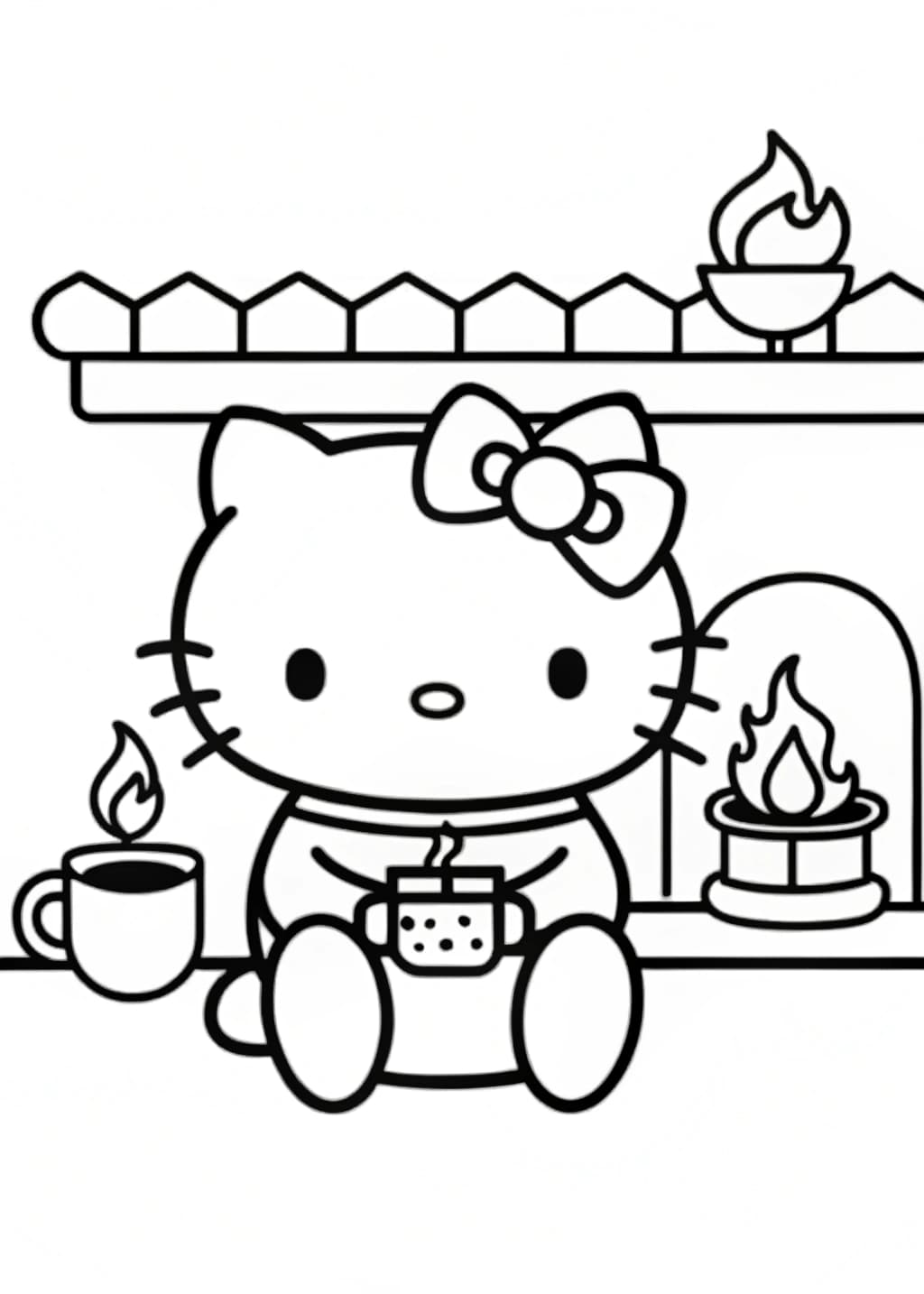 Hello Kitty Drinking Hot Cocoa by the Fireplace Coloring Page