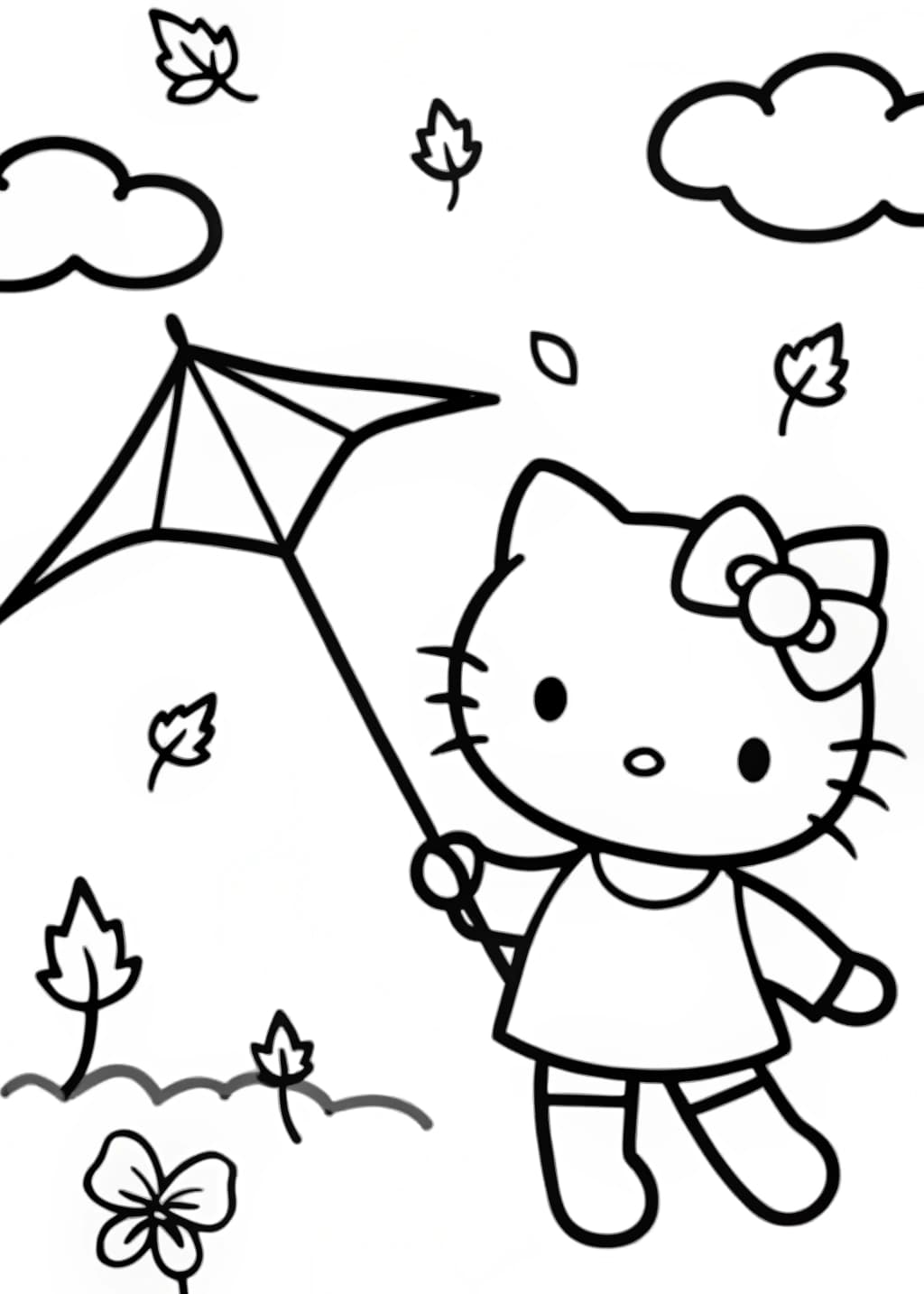 Hello Kitty Flying a Kite in Fall Coloring Page