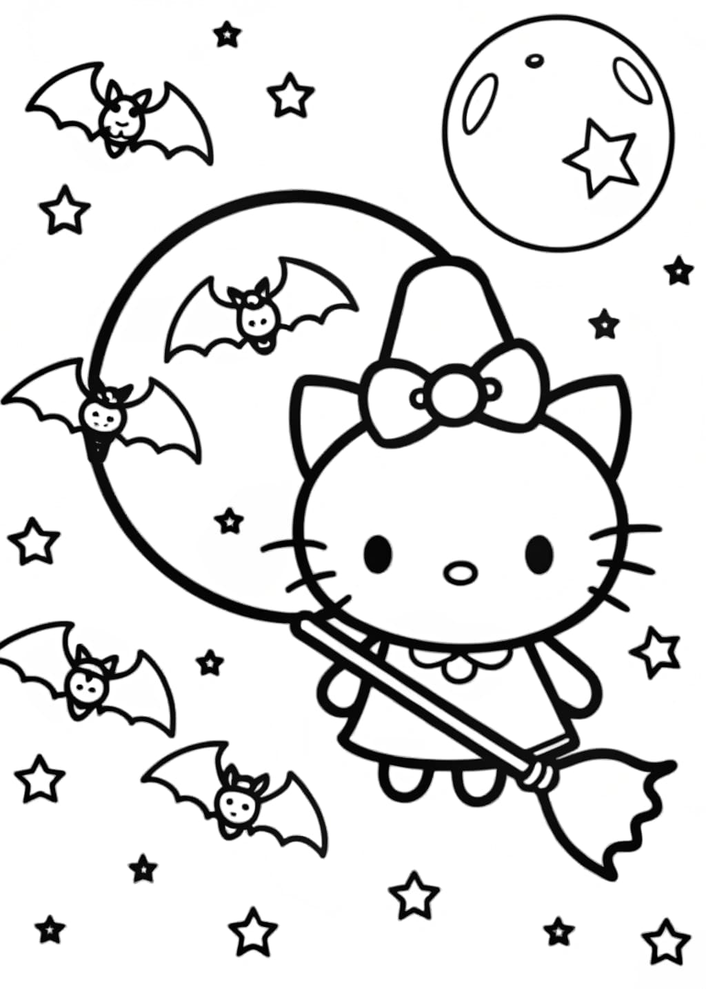 Hello Kitty Flying on a Broomstick Coloring Page
