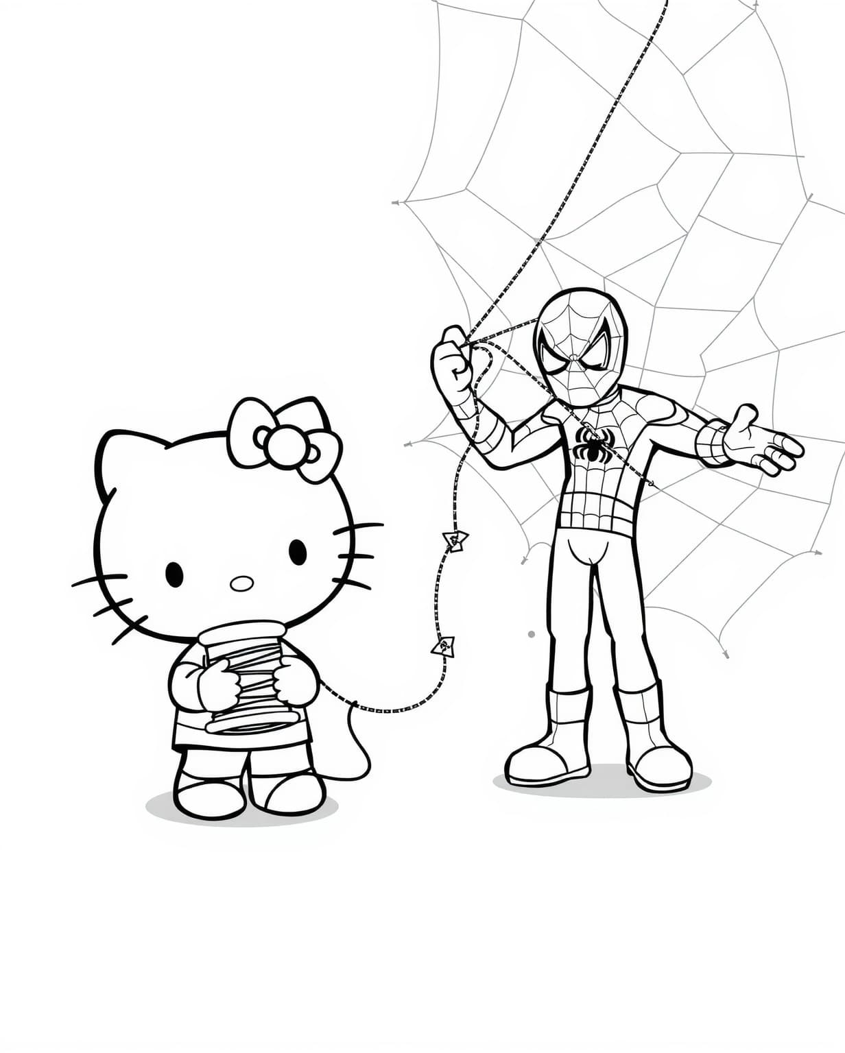 Hello Kitty Helping Spiderman Spin a Web Coloring Page