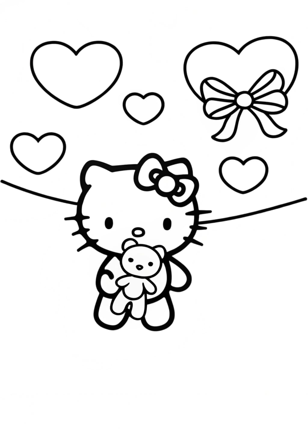 Hello Kitty Holding a Valentine's Teddy Bear Coloring Page