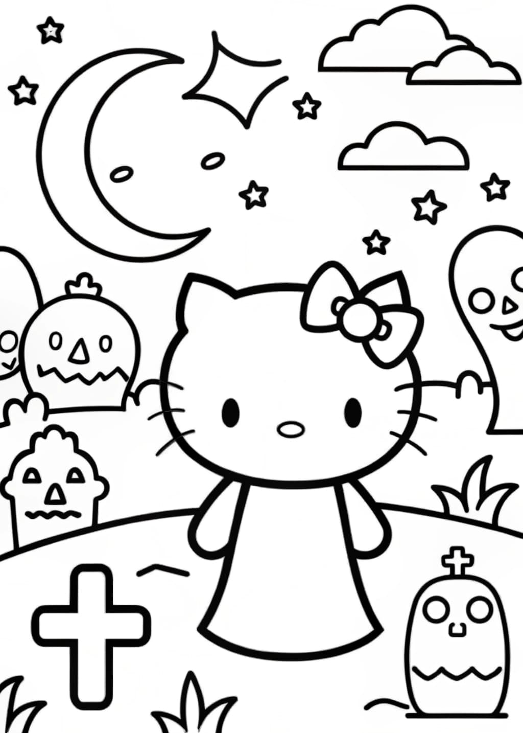 Hello Kitty in a Graveyard with Cute Monsters Coloring Page
