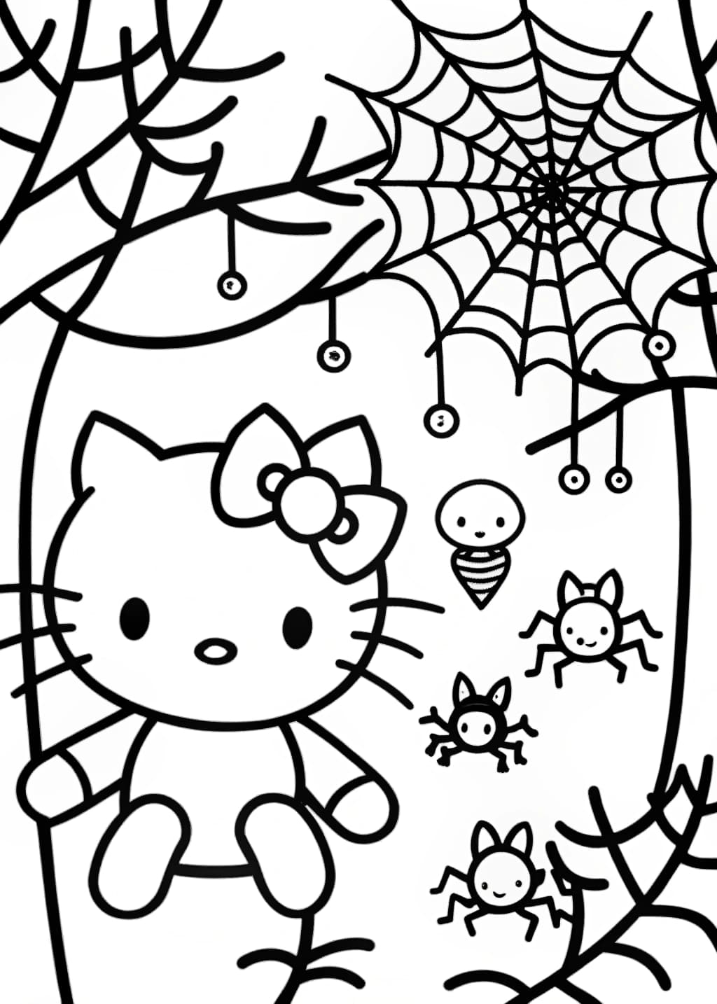 Hello Kitty in a Spiderweb Forest Coloring Page
