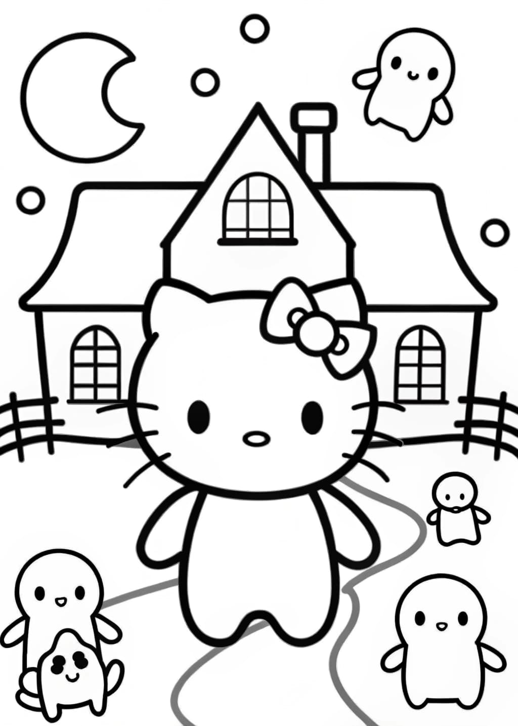Hello Kitty in Haunted House Coloring Page