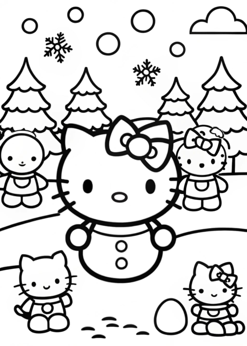 Hello Kitty Playing in the Snow with Friends Coloring Page
