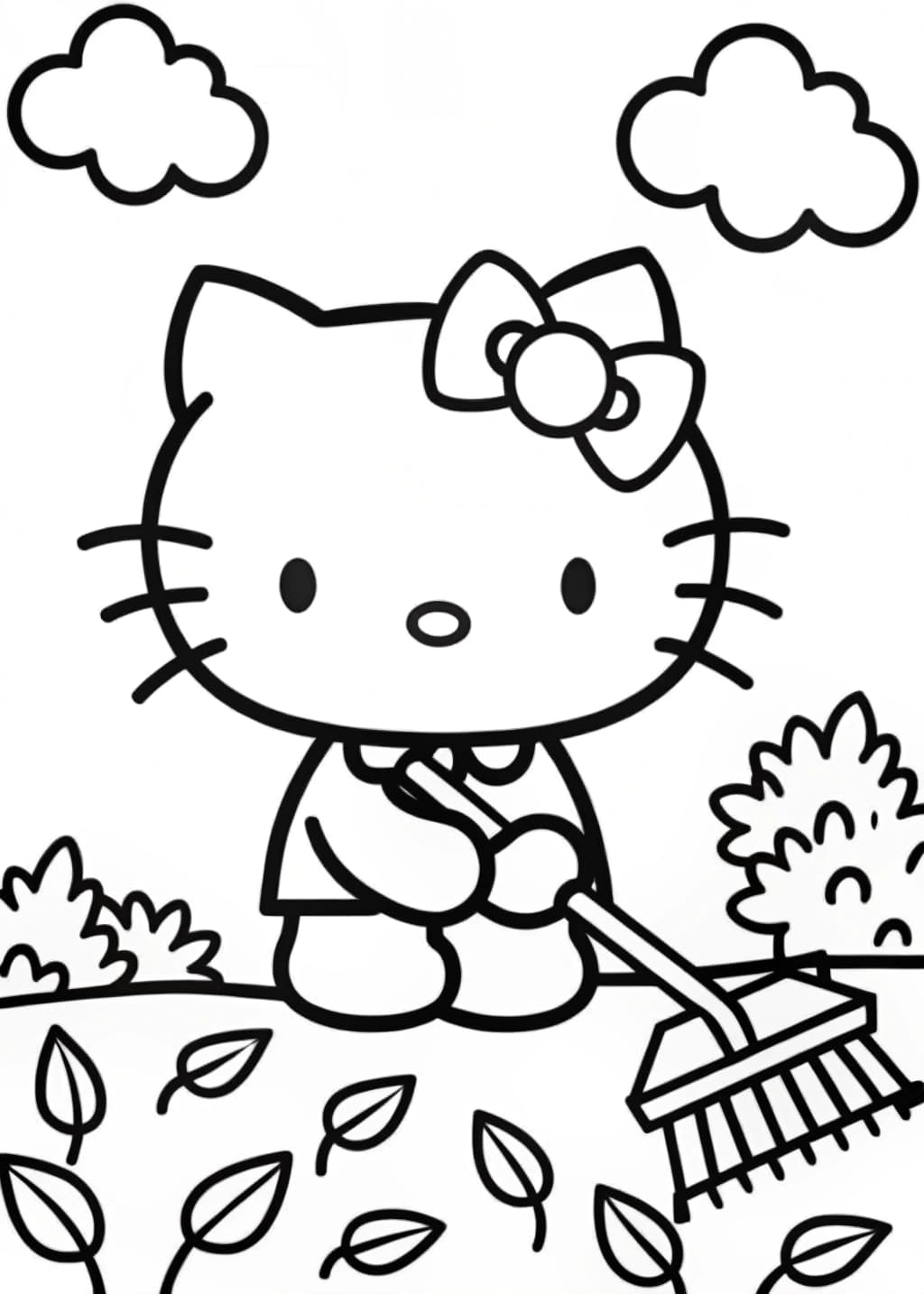 Hello Kitty Raking Leaves Coloring Page